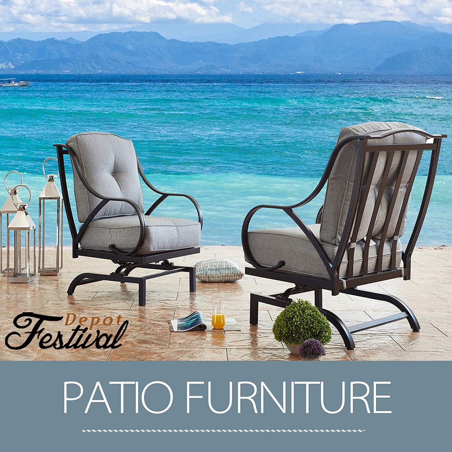 Festival Depot 1 Patio Dining Chair with Thick Cushions - Sturdy Metal Frame Outdoor Furniture for Bistro, Deck, Garden - Comfortable Grey Seating (B-PF19110-G-new) - Perfect for Outdoor Dining, Lounging, and Entertaining