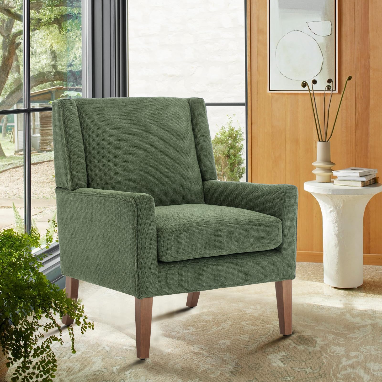 COLAMY Modern Wingback Fabric Upholstered Accent Armchair with Wood Legs - Green Lounge Chair for Living Room, Bedroom, Office & Reading Nook - Perfect for Relaxing, Working & Decorating Spaces