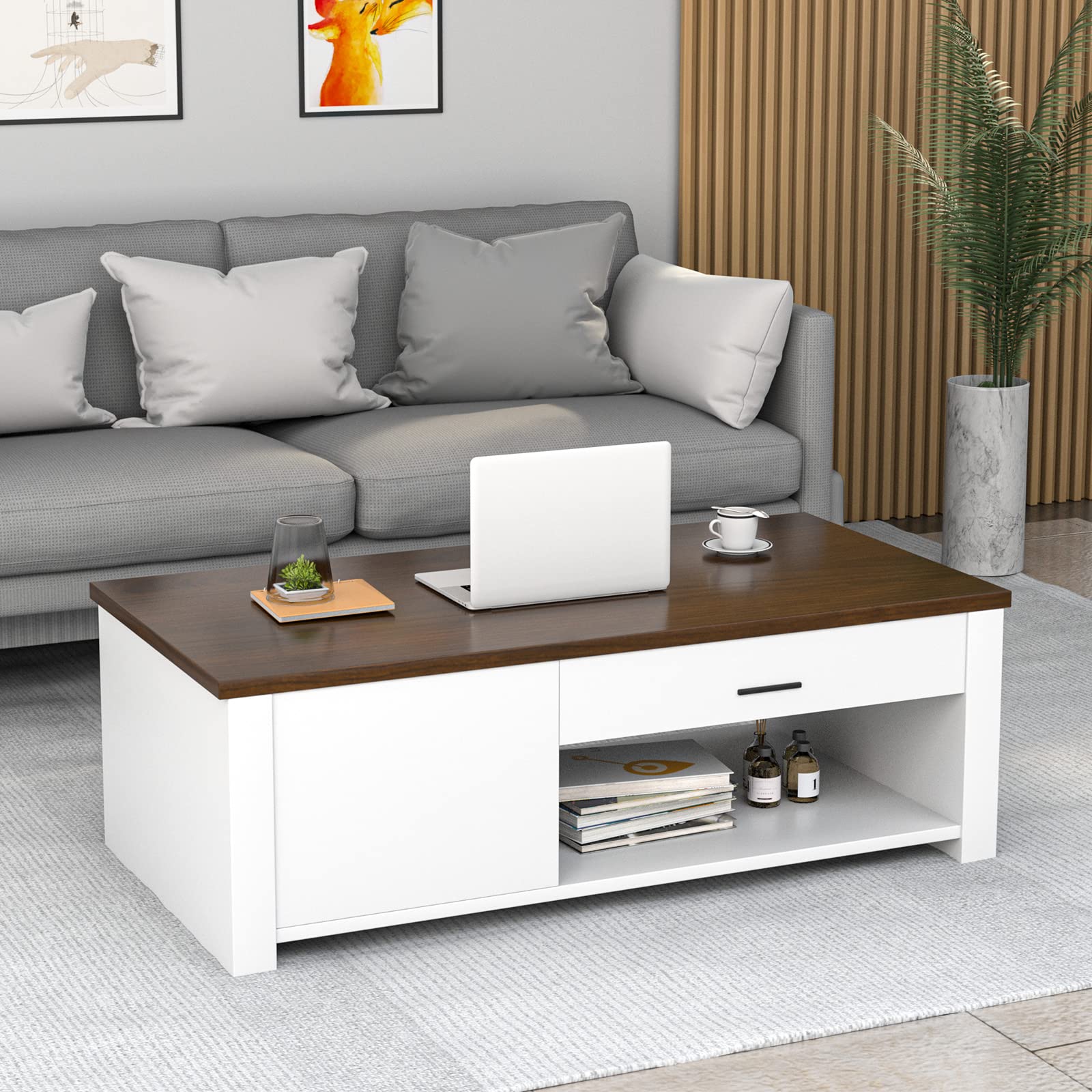 Giantex Modern Coffee Table with Drawers & Open Storage, Rectangular Center Table for Living Room, Bedroom, Office - Brown & White - Perfect for Small Spaces, Home Decor & Entertaining Guests