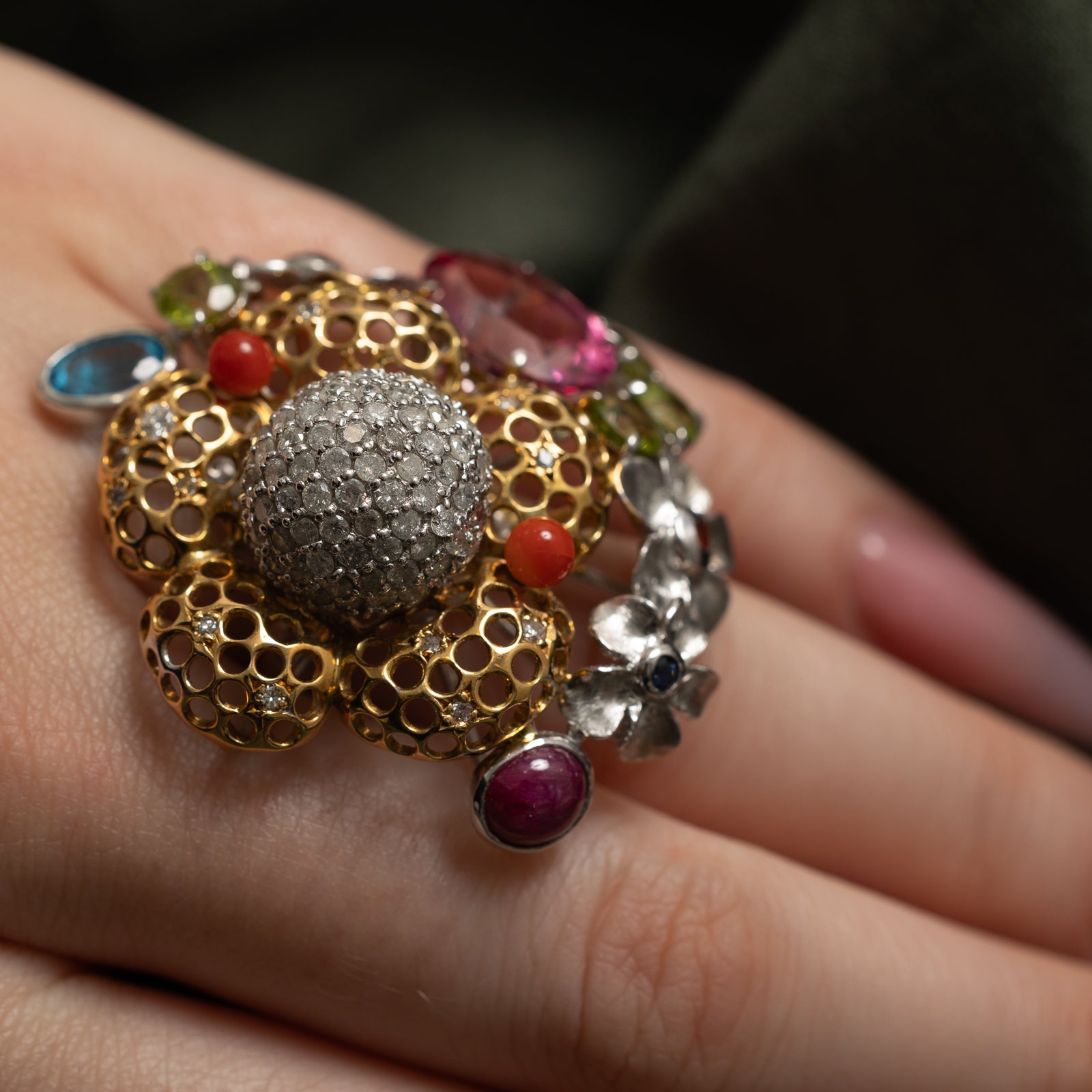 11.71ctw Multi Gemstone & Diamond Cocktail Ring - 1.50ctw Diamonds | Size 6 | Elegant Statement Jewelry for Parties, Weddings & Special Occasions