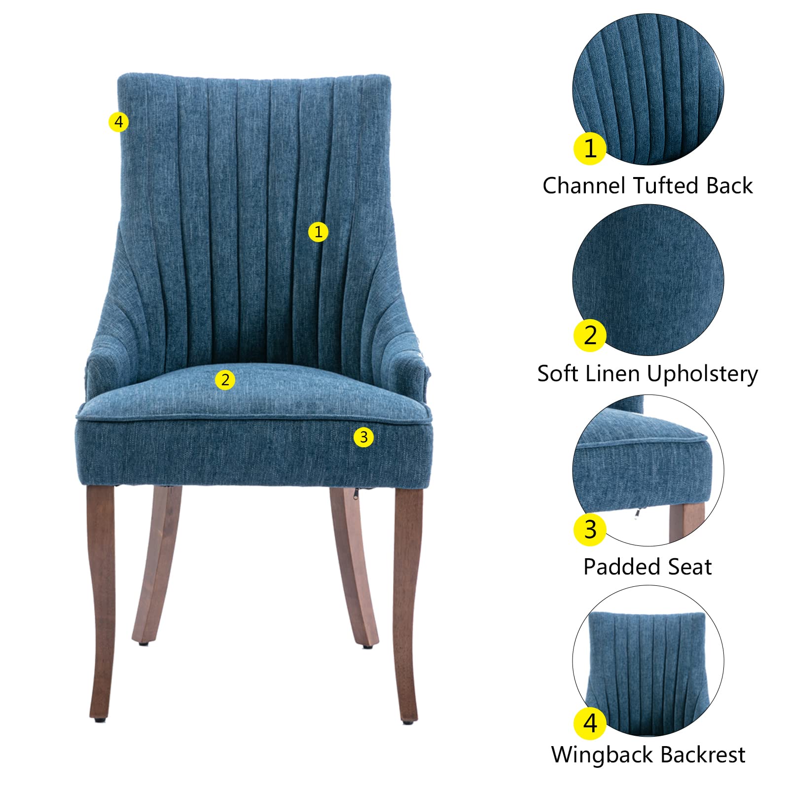 Mikibama Linen Dining Chairs Set of 2 - Channel Tufted Upholstered Kitchen Chairs with Solid Wood Legs, Comfortable Fabric Accent Chairs for Dining Room (Blue) | Perfect for Farmhouse, Modern & Cozy Home Decor