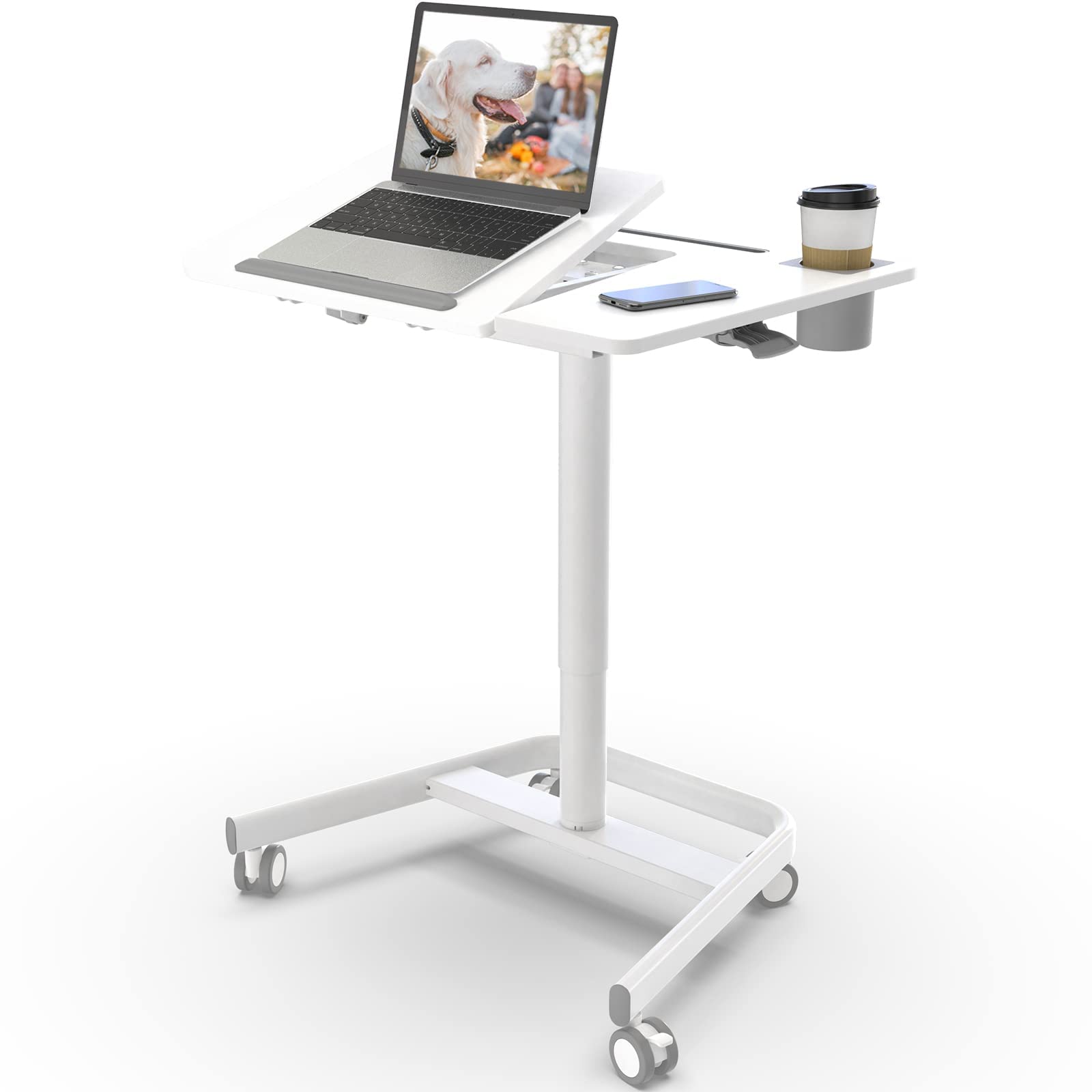 JOY Worker Adjustable Mobile Standing Desk - Portable Sit Stand Workstation with Wheels & Cup Holder - 60° Tiltable Laptop Table for Home Office, Bedroom, Couch & School Use - Holds 22lbs - White