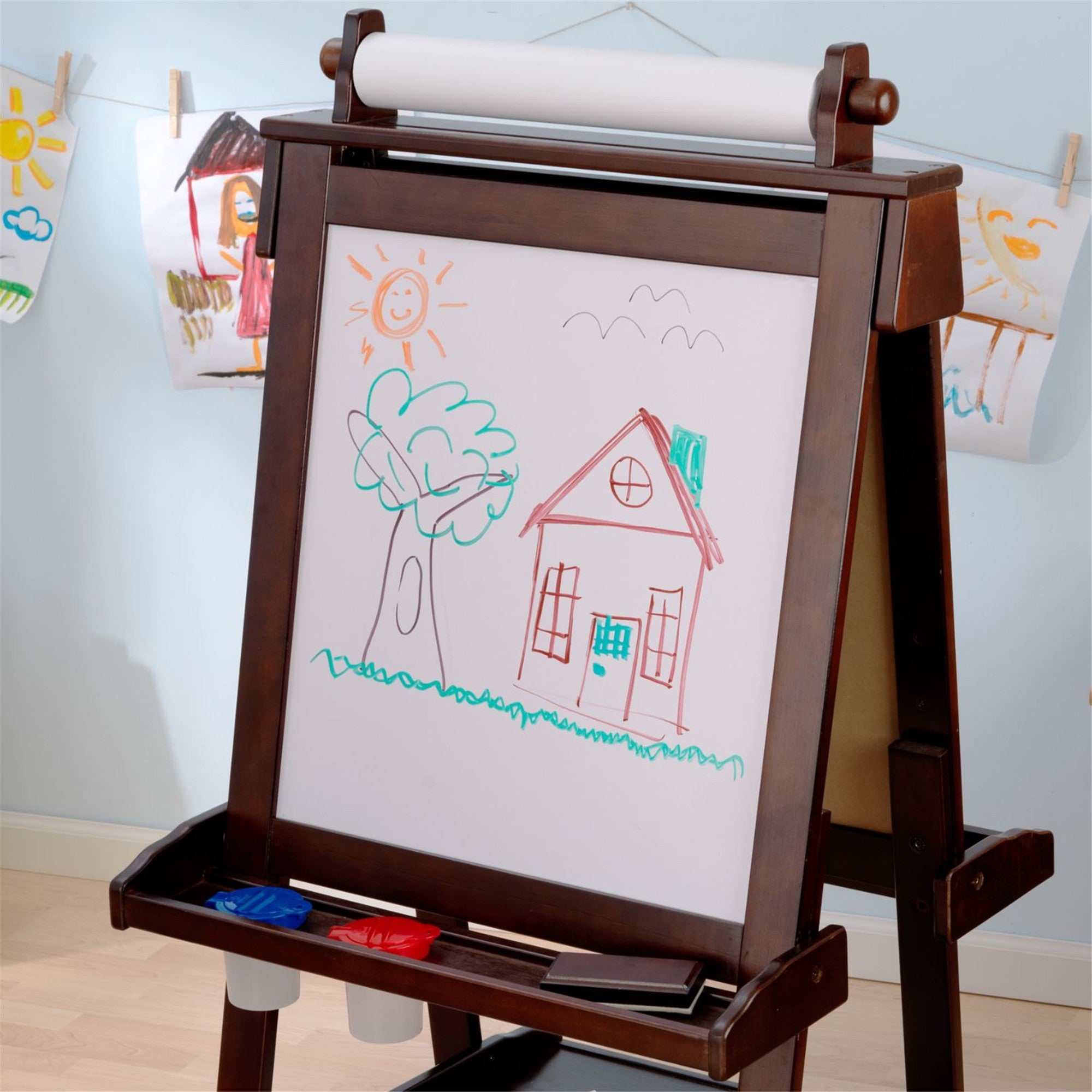 KidKraft Deluxe Wooden Art Easel for Kids - Adjustable Double-Sided Chalkboard & Whiteboard - Espresso Finish - Perfect for Home, Classroom & Art Studio