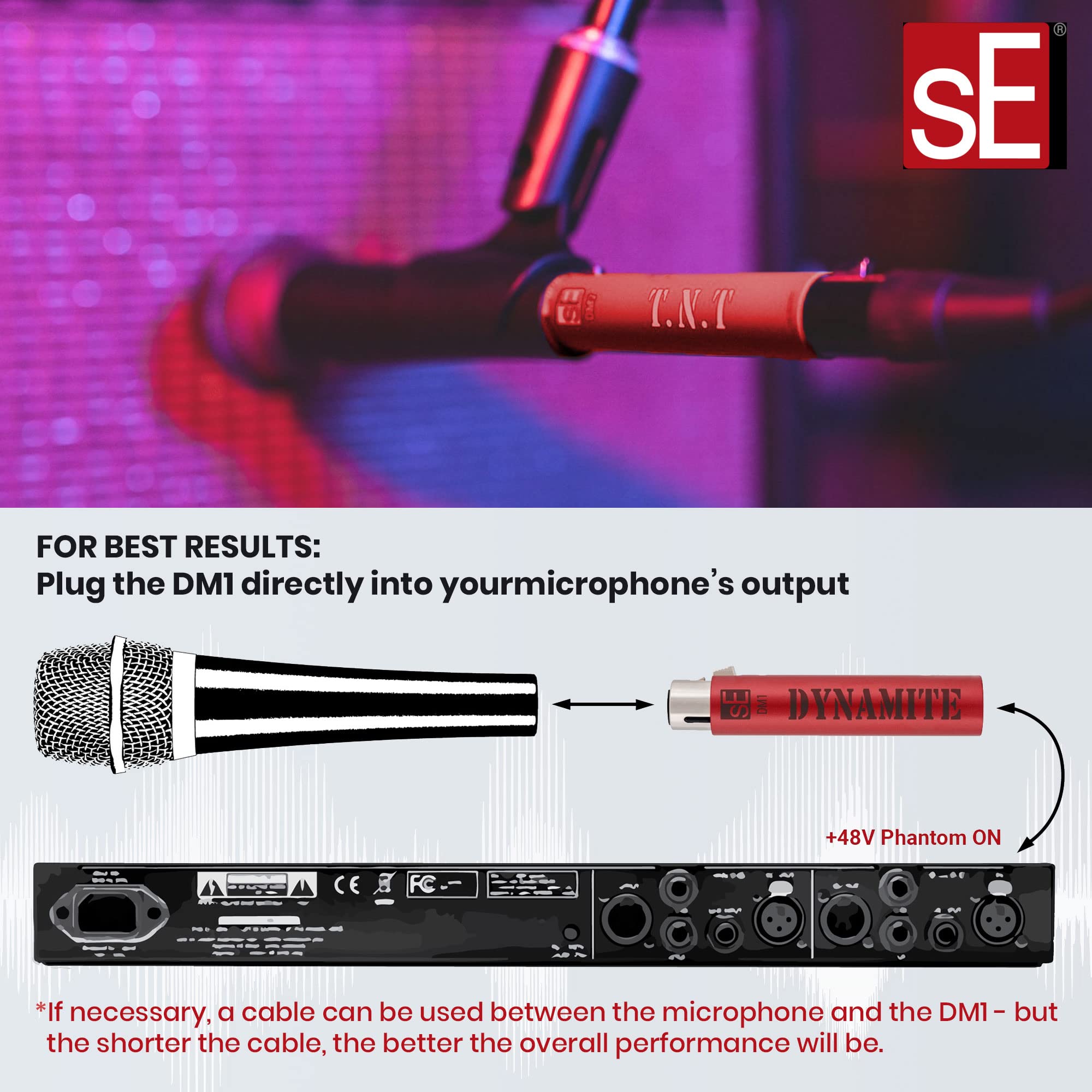 sE Electronics DM1 Dynamite Active In-line Microphone Preamp - 28dB Gain with 2x 20ft XLR Cables & 7-Pack Cable Ties | Professional Studio Recording, Podcasting & Live Sound Enhancement