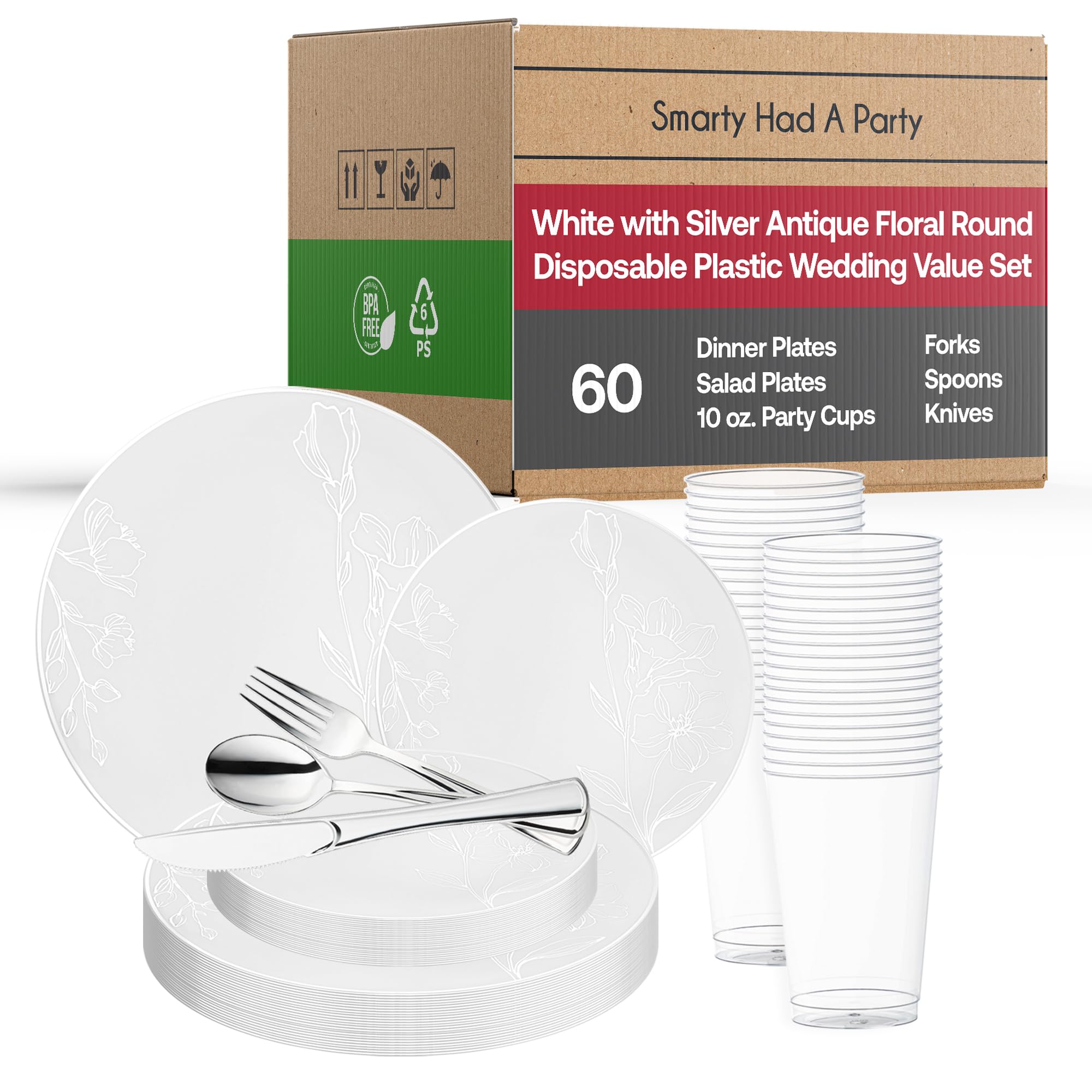 Vintage Floral Disposable Plastic Plates - Heavy Duty Dinnerware Set for 60 Guests, Elegant White with Silver Trim - Perfect for Weddings, Birthdays, Parties & Outdoor Events