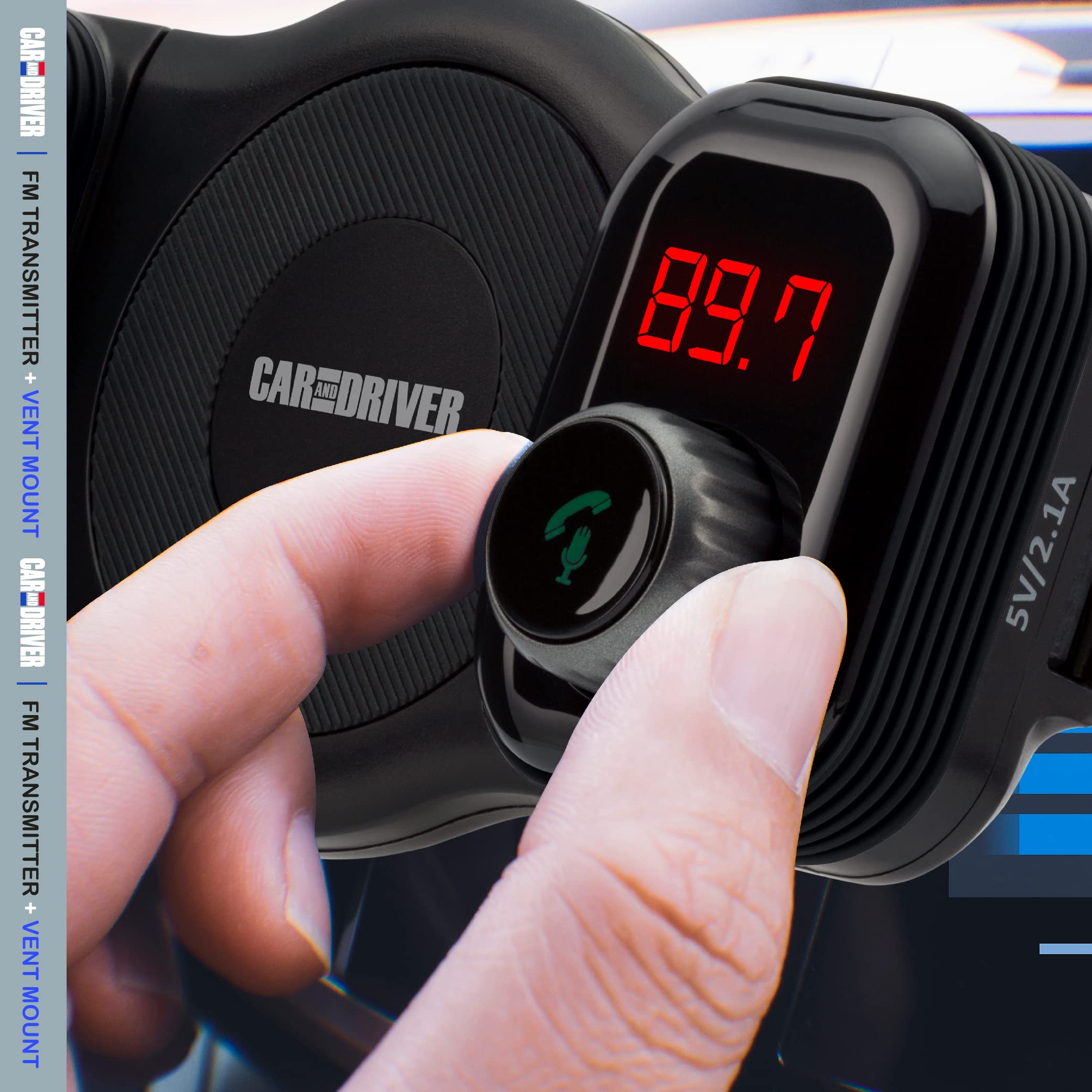 Car and Driver Bluetooth FM Transmitter with Car Vent Phone Mount | Hands-Free Calling, USB Charging, Siri Compatible, TF Card Slot, Secure Grip, Universal Fit for Streaming Audio in Car