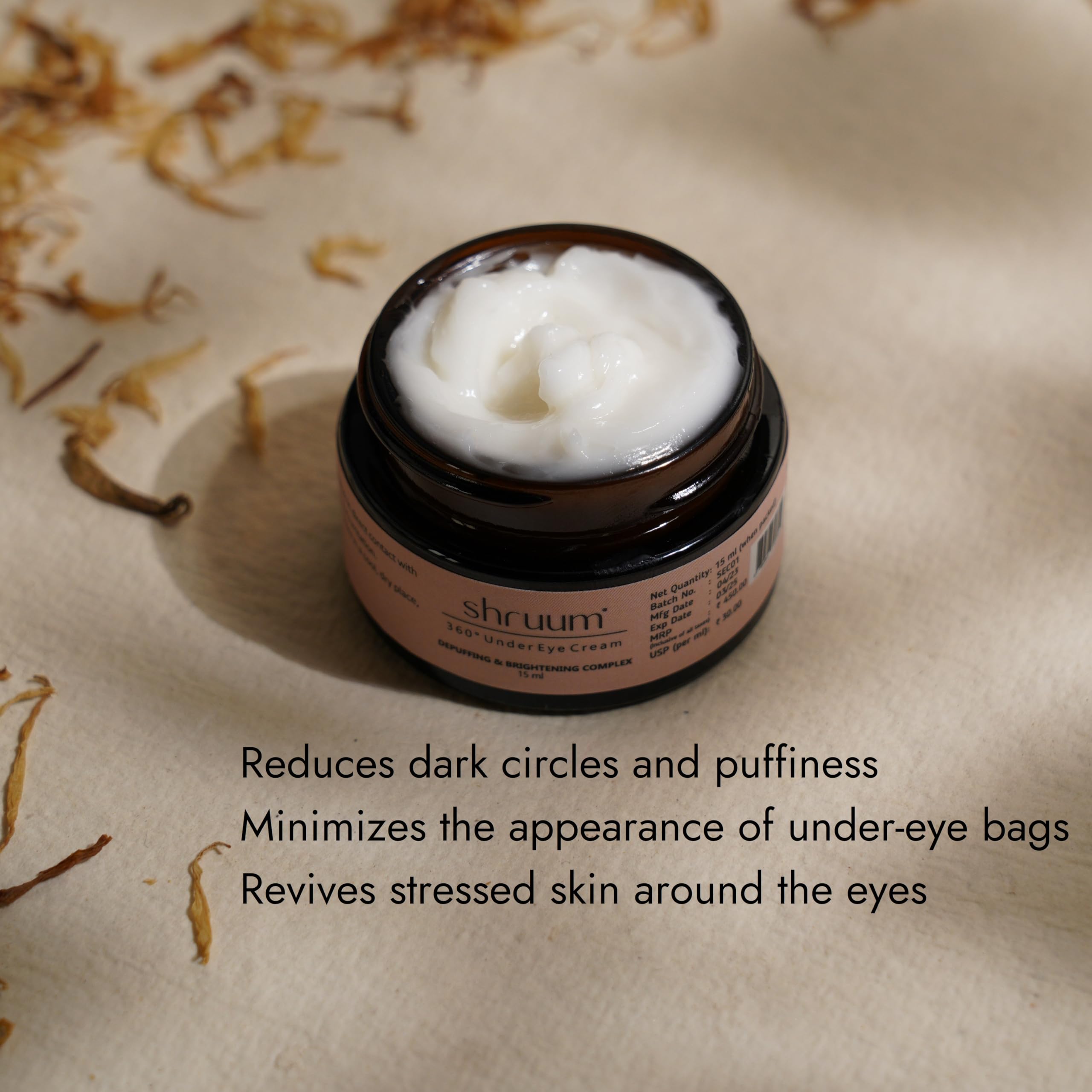 Shruum 360° Under Eye Cream for Dark Circles, Fine Lines & Puffiness - Mushroom, Cucumber & Green Tea Formula - Revitalizing Eye Treatment for Men & Women - 15ml | Perfect for Morning & Night Skincare Routine