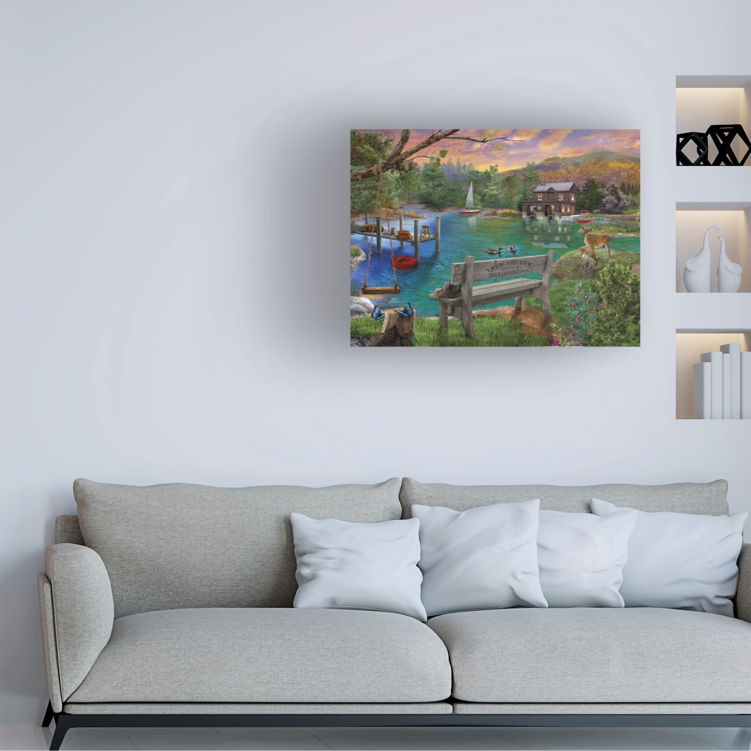 Trademark Fine Art 'Lakeside View from the Bench' Canvas Wall Art Print by Bigelow Illustrations - Perfect for Living Room, Bedroom & Office Decor