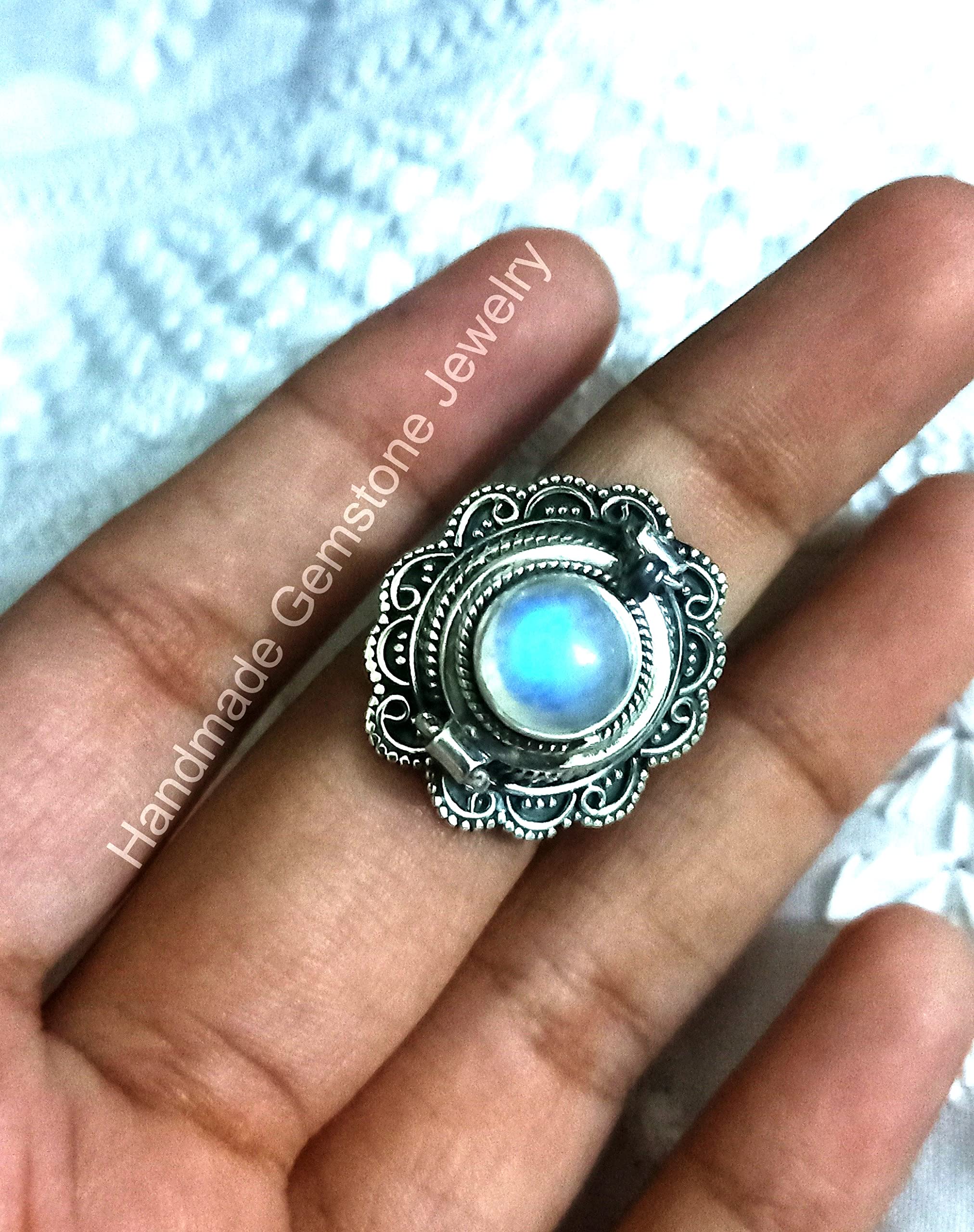 Rainbow Moonstone Poison Box Ring - Blue Flash Moonstone Gemstone Jewelry, Handmade Openable Designer Ring for Women, Unique Christmas Gift for Her, Perfect for Parties, Engagements & Special Occasions