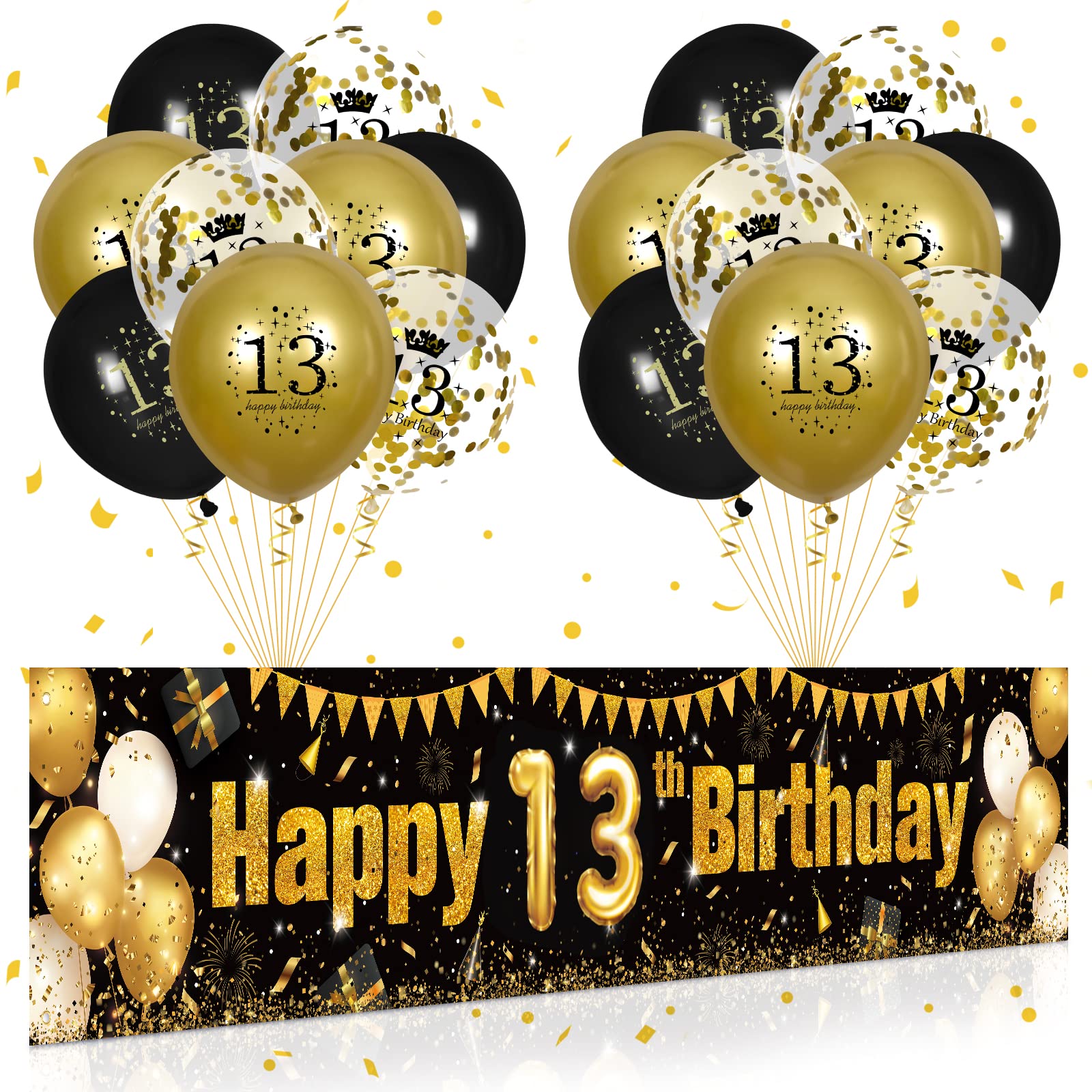 13th Birthday Party Decorations for Boys & Girls - Black & Gold Happy Birthday Yard Banner, 18PCS Confetti Balloons & Party Supplies - Outdoor Decor for 13 Year Old Anniversary Celebrations | Perfect for Backyard Parties, Teen Birthday Events & Milestone Decorations