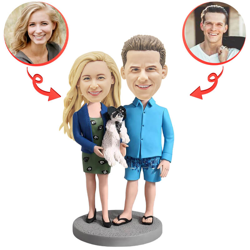 Custom Couple Holding Dog Bobblehead - Personalized Pet Lover Gift for Anniversaries, Weddings & Home Decor