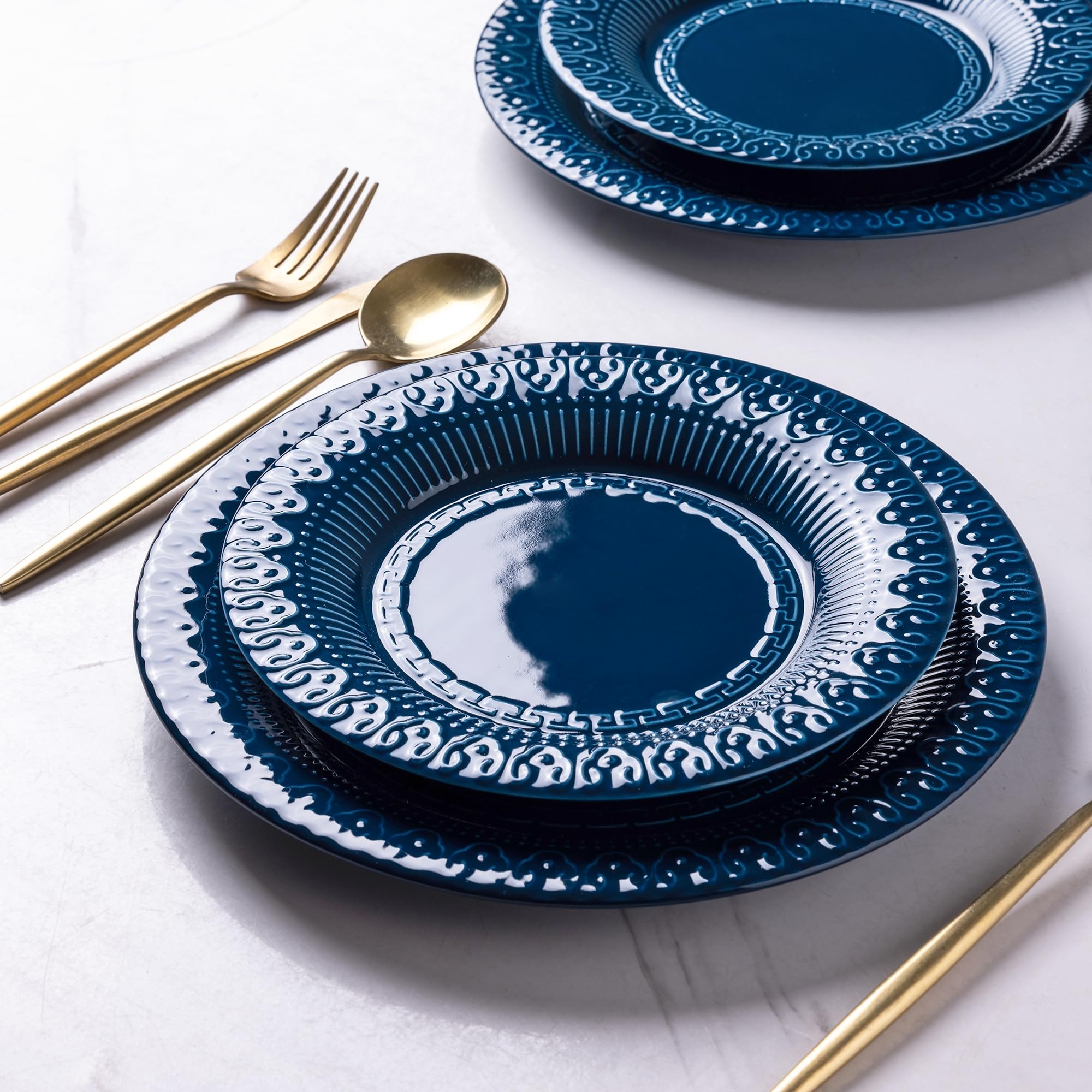 AmorArc 8 Inch Ceramic Dinner Plates Set of 4 - Embossed Salad & Dessert Plates, Microwave & Dishwasher Safe, Scratch Resistant Blue Tableware - Perfect for Appetizers, Bread, Pasta, and Everyday Dining