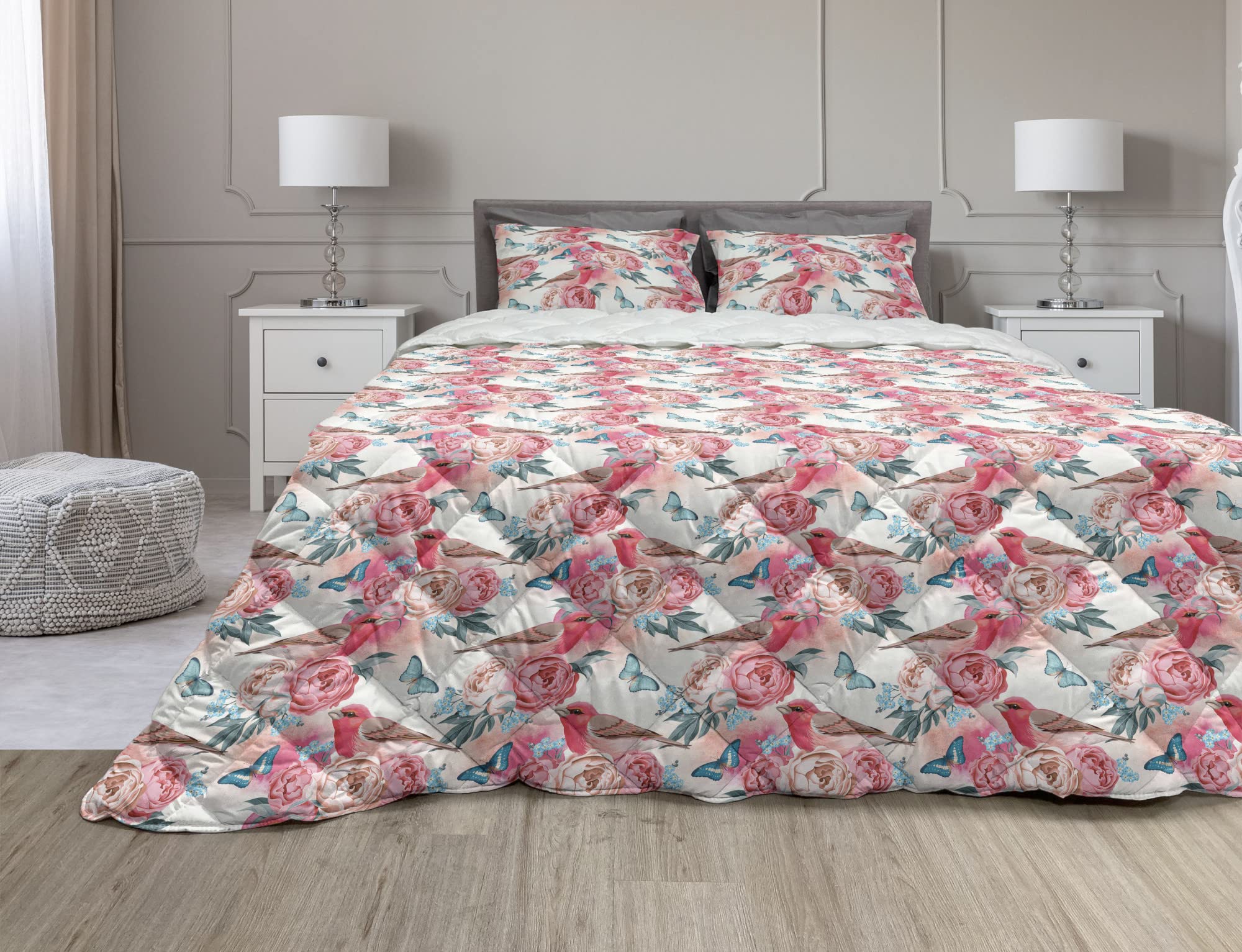 Ambesonne Romantic Vintage Floral Comforter Set - Twin Size Pink & Cadet Blue Duvet Cover with Finch Birds, Roses & Butterflies - 2 Piece Microfiber Bedding Set for Wedding, Anniversary & Spring Home Decor