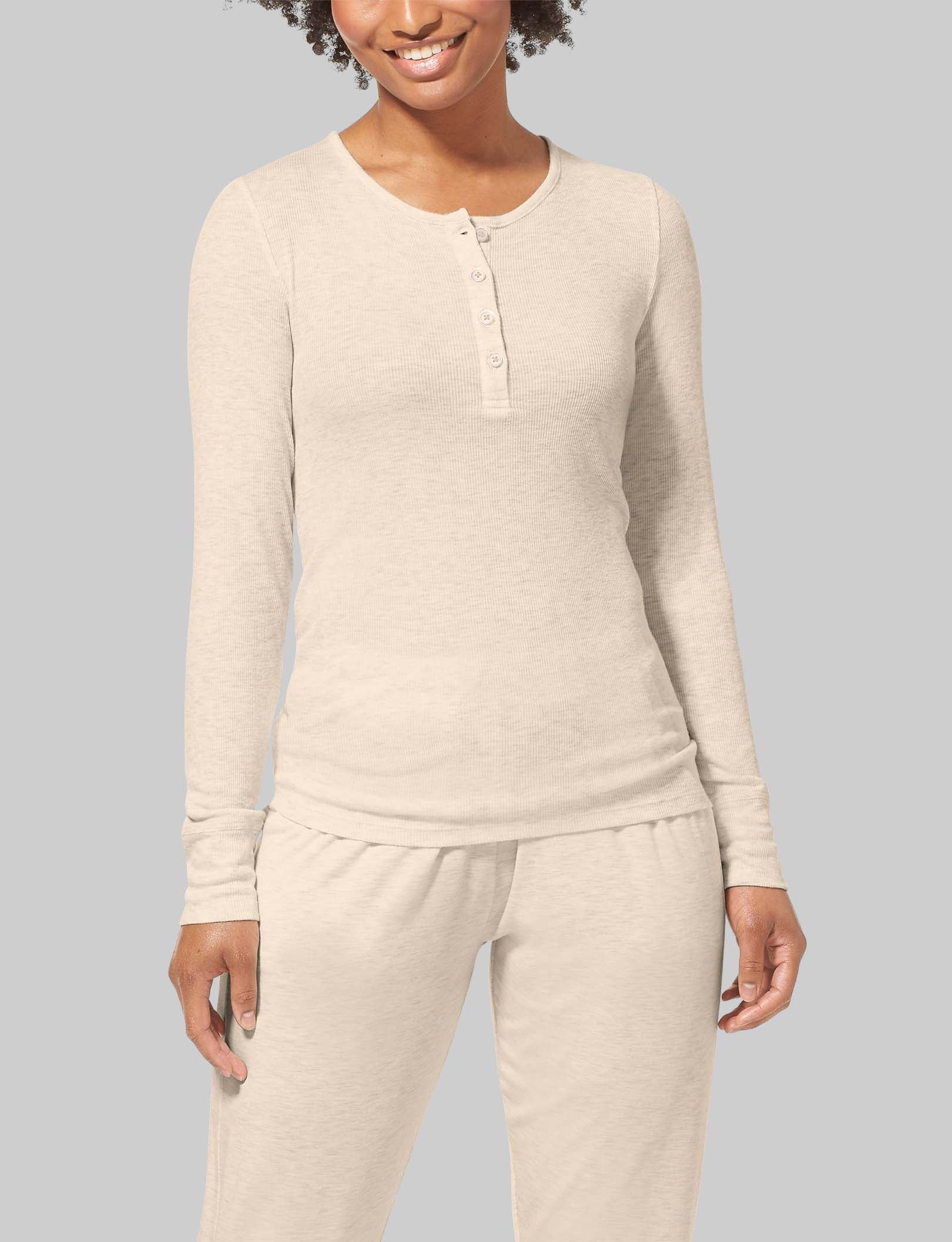 Women's Casual Henley Long Sleeve Shirt - Soft Cotton Relaxed Fit Top for Lounge, Sleep & Everyday Wear