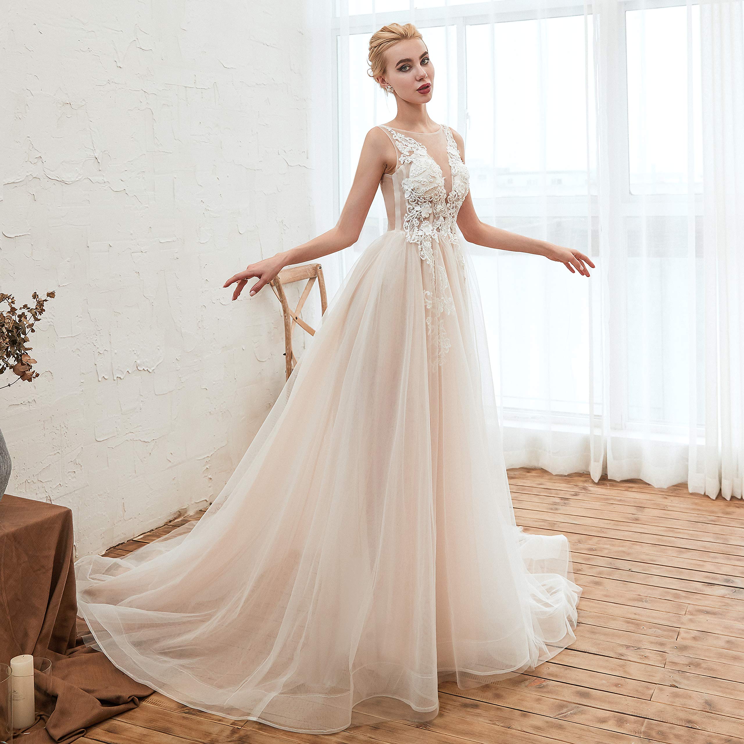 Elegant Illusion Lace A-Line Prom Wedding Dress for Women - Perfect for Beach Weddings, Formal Events & Special Occasions