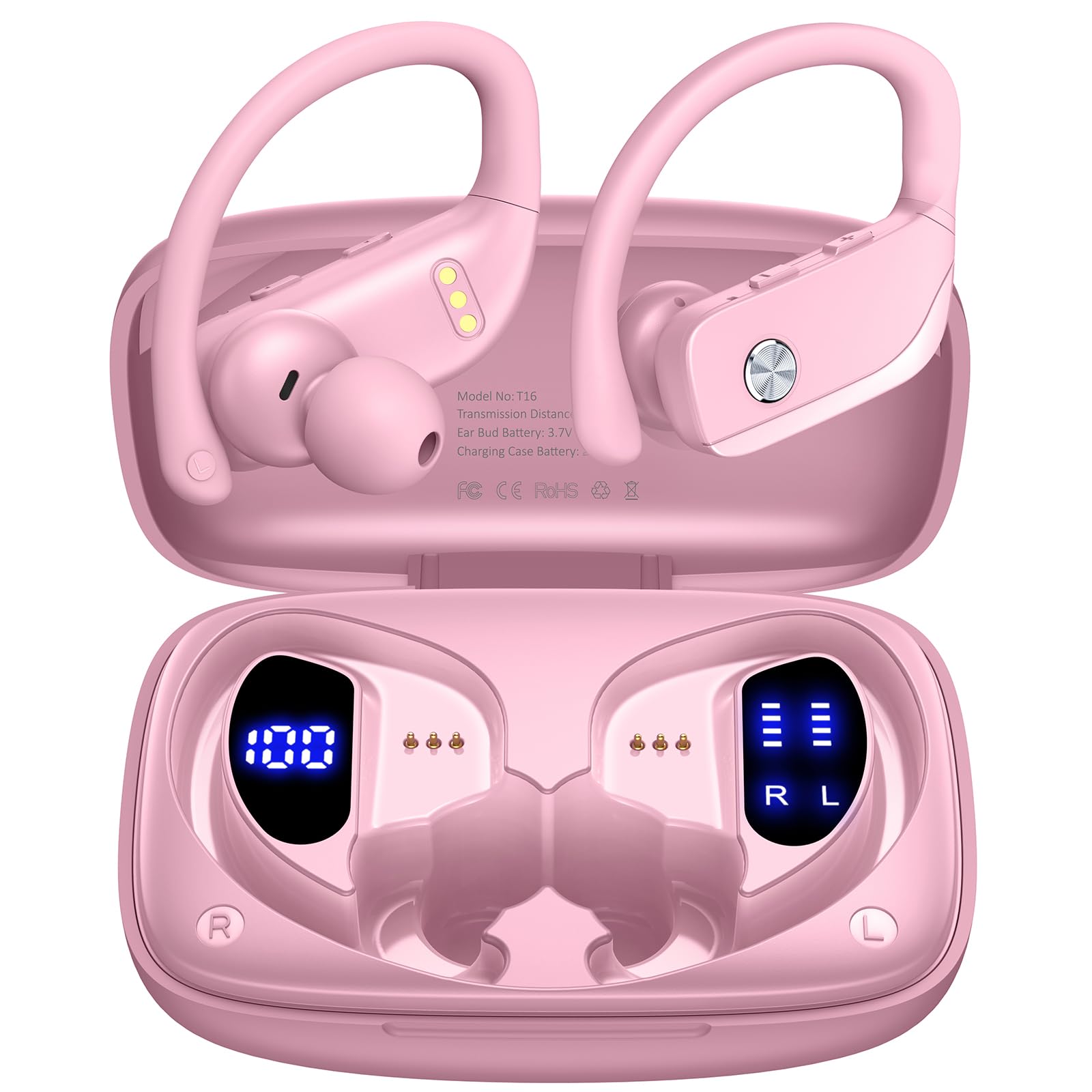 bmani 2 Packs Wireless Bluetooth Earbuds - 48H Playback, LED Display, Over-Ear Sport Headphones with Built-in Mic & Earhooks for Running, Gym, Workout (Black + Pink) - Perfect for Fitness, Commuting & Outdoor Activities