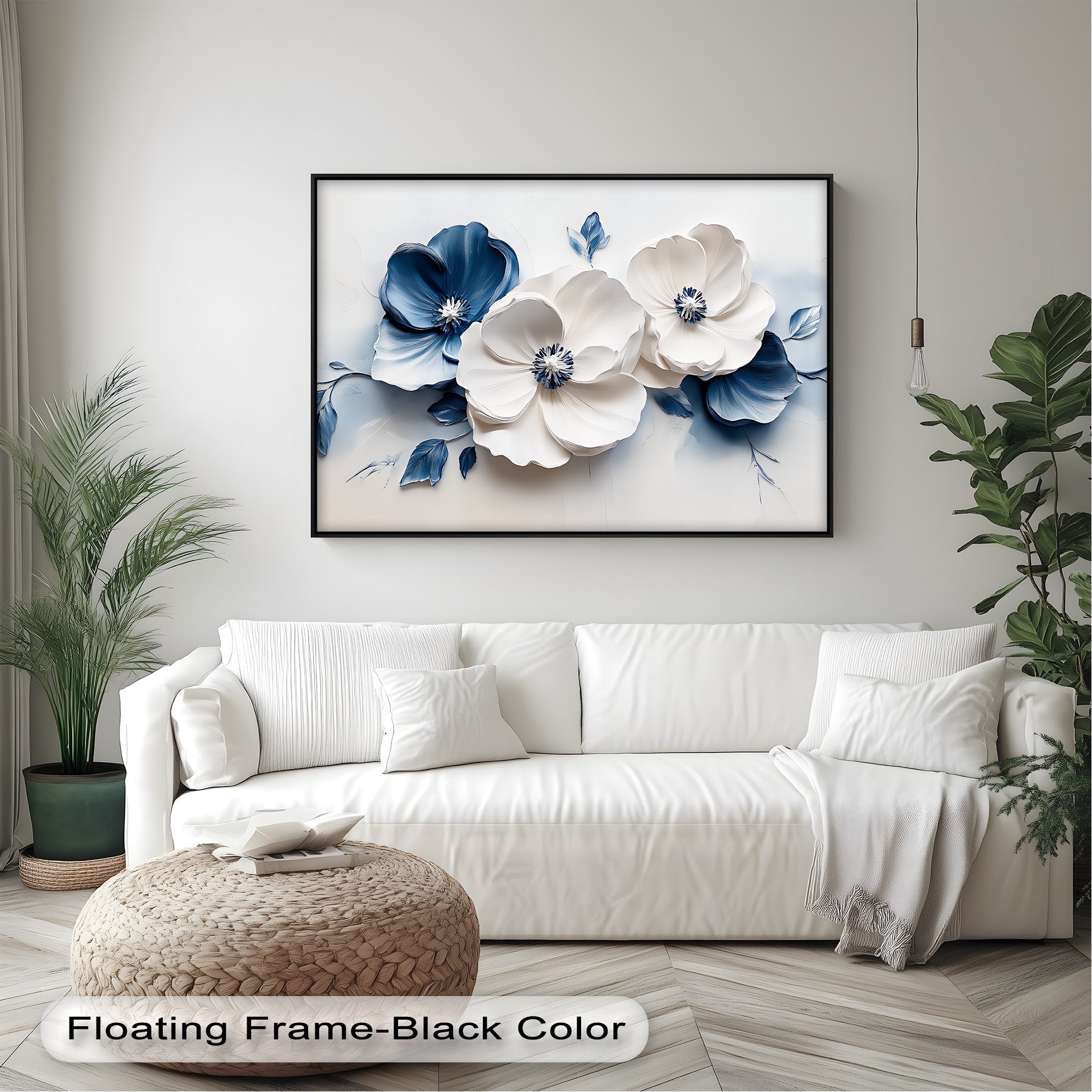 Blue Serenity Blooms Floral Canvas Wall Art - Navy & White Botanical Painting for Living Room, Bedroom Decor | Home & Office Wall Hanging