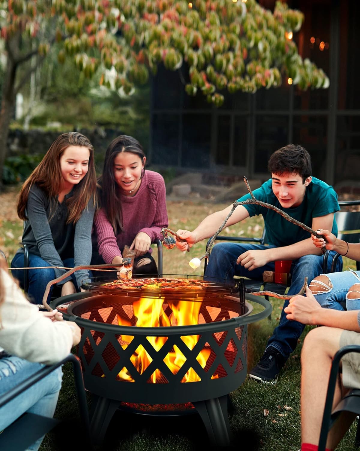GARVEE 30-Inch Wood Burning Fire Pit with Grill & Spark Screen - Outdoor Backyard Camping, Patio, Garden, BBQ Cooking & Bonfire Nights