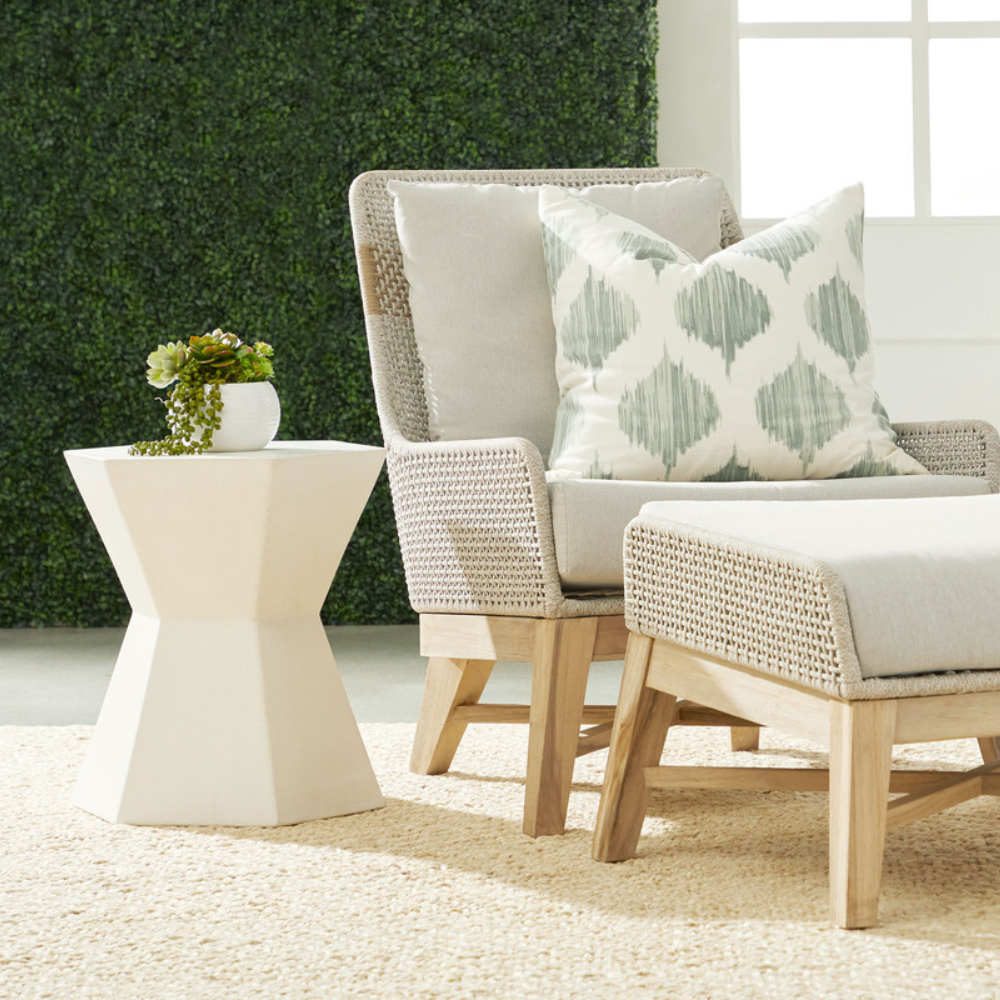 Modern Ivory Concrete Bento Outdoor Accent Table - Durable Patio Side Table for Garden, Poolside & Balcony Decor