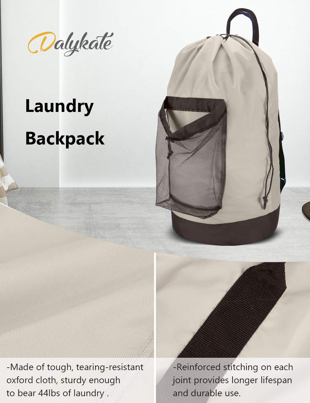 Dalykate Laundry Backpack with Shoulder Straps & Mesh Pocket - Durable Nylon Drawstring Clothes Hamper Bag for College Students, Travel, Laundromat & Apartment - Perfect for Dorm Room, Gym & Camping Trips