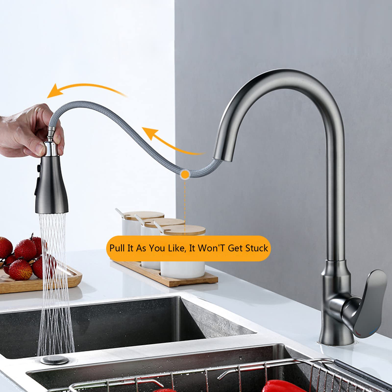 High Arc Pull Down Kitchen Faucet with 3-Function Sprayer - Gun Grey Full Copper Construction - Perfect for Modern Farmhouse & Commercial Kitchen Sinks