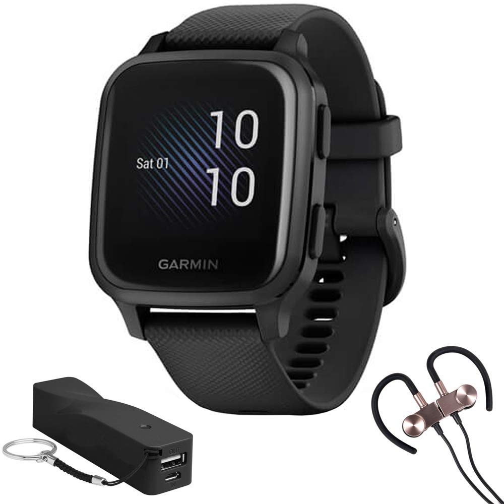 Garmin Venu SQ Music Edition Smartwatch - Black with Slate Bezel | Includes Deco Essentials Portable Keychain Charger & Magnetic Wireless Earbuds | Fitness Tracking, Music Playback & Notifications for Running, Gym & Daily Use
