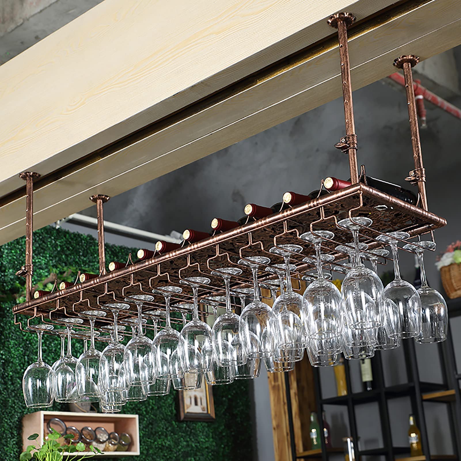 Vintage Metal Ceiling Hanging Wine Rack Organizer - 80x35cm Multifunctional Wine Bottle Storage Shelf with Stemware Glass Goblets Holder - Perfect for Kitchen, Bar, Restaurant & Wine Cellar Display