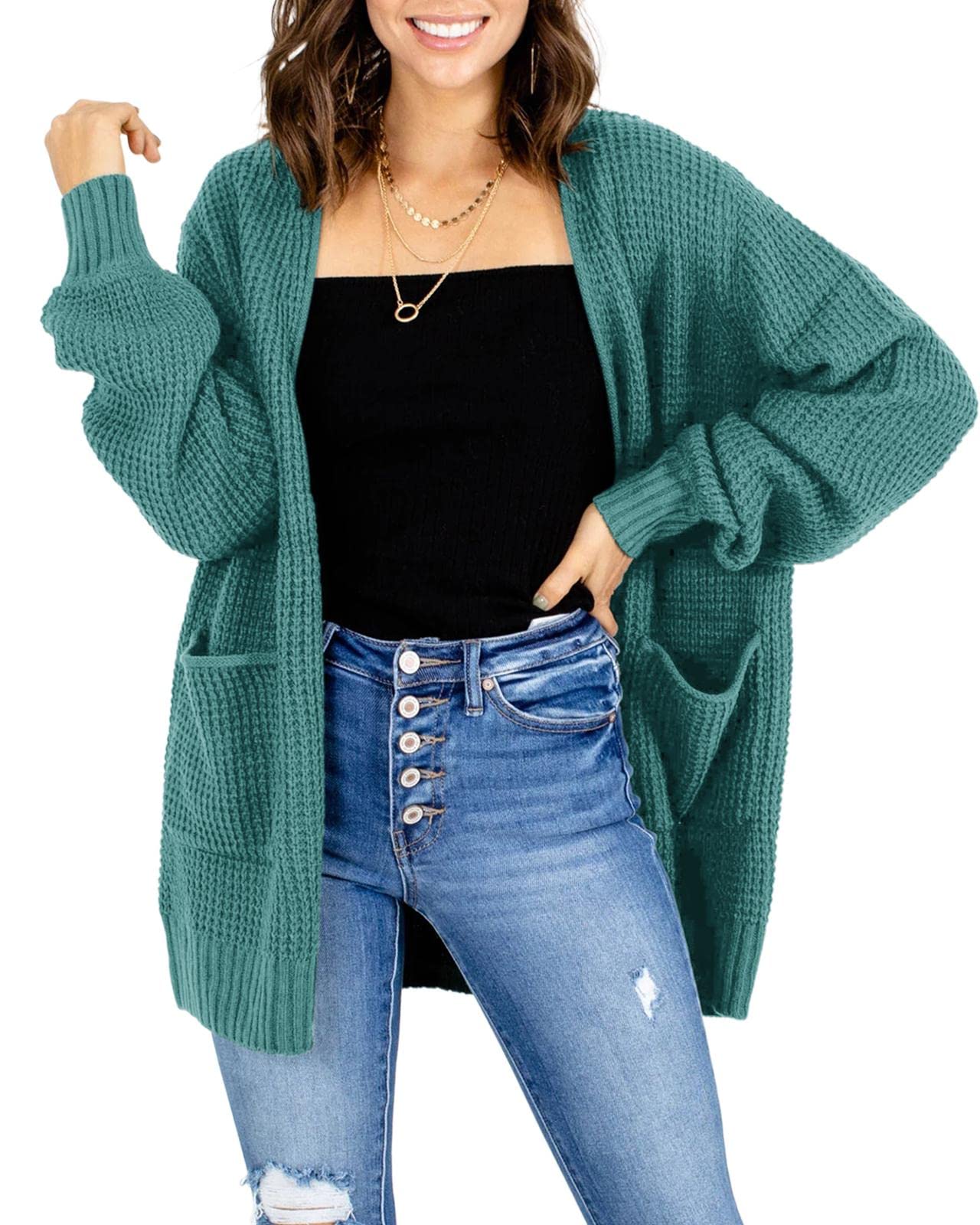 Misassy Women's Lightweight Open Front Waffle Knit Cardigan Sweater - Long Sleeve Oversized Pocket Cardigan for Women - Perfect for Casual Wear, Office, and Fall Layering