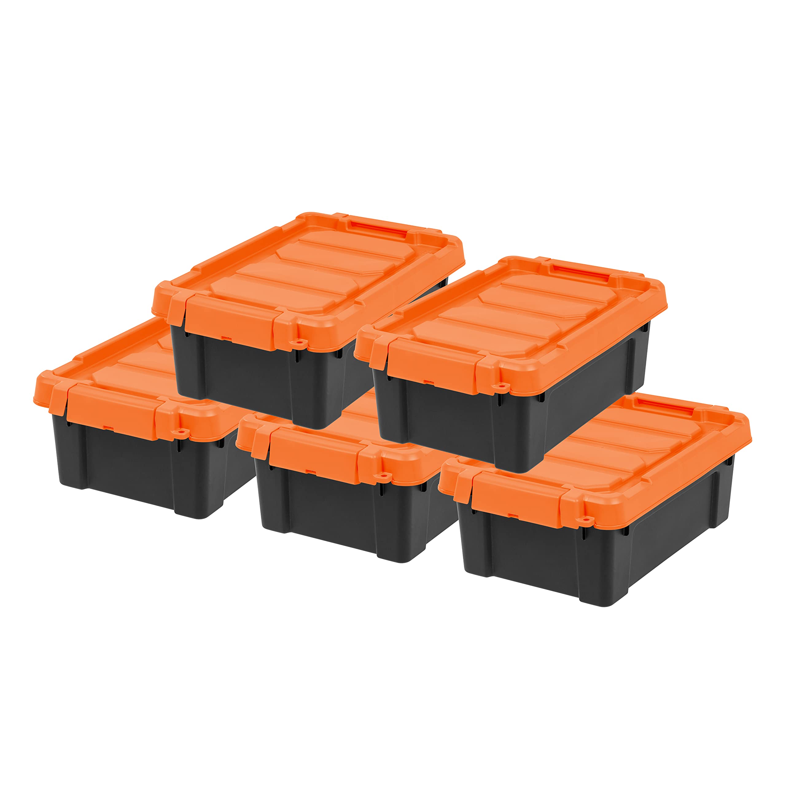 IRIS USA 3 Gallon Lockable Storage Bins with Lids, 5 Pack - Heavy Duty Stackable Plastic Containers for Garage Organization, Moving Supplies & Home Storage - Made in USA - Black/Orange - Perfect for Tools, Toys, Sports Equipment & Seasonal Items