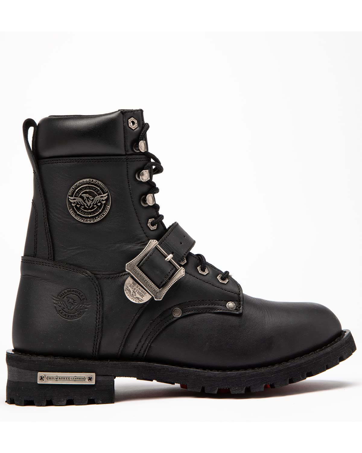 Milwaukee Leather Men's Buckled Lace-Up Work Boots - Round Toe Black Size 8 | Durable & Comfortable for Construction, Outdoor & Casual Wear
