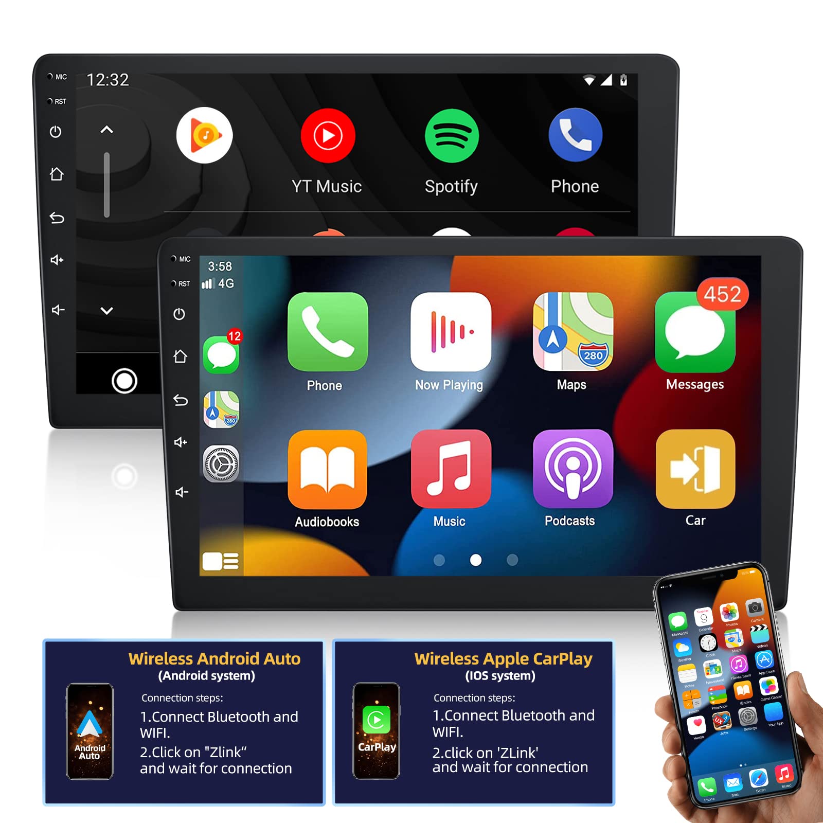 10.1 Inch Android Car Stereo with Wireless CarPlay & Android Auto - 2GB RAM 64GB ROM Double Din Touchscreen - Bluetooth, WiFi, GPS Navigation, Hi-Fi Audio - Includes AHD Backup Camera & Mic - Perfect for Car Audio Upgrade & Hands-Free Driving