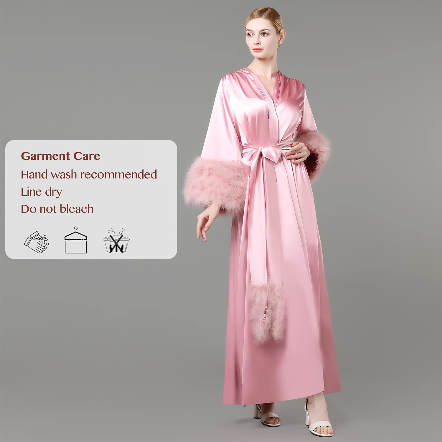 Luxury Women's Feather Trim Bathrobe - Soft Plush Fleece Kimono Robe with Belt for Spa, Bridal, Sleepwear & Lounging at Home