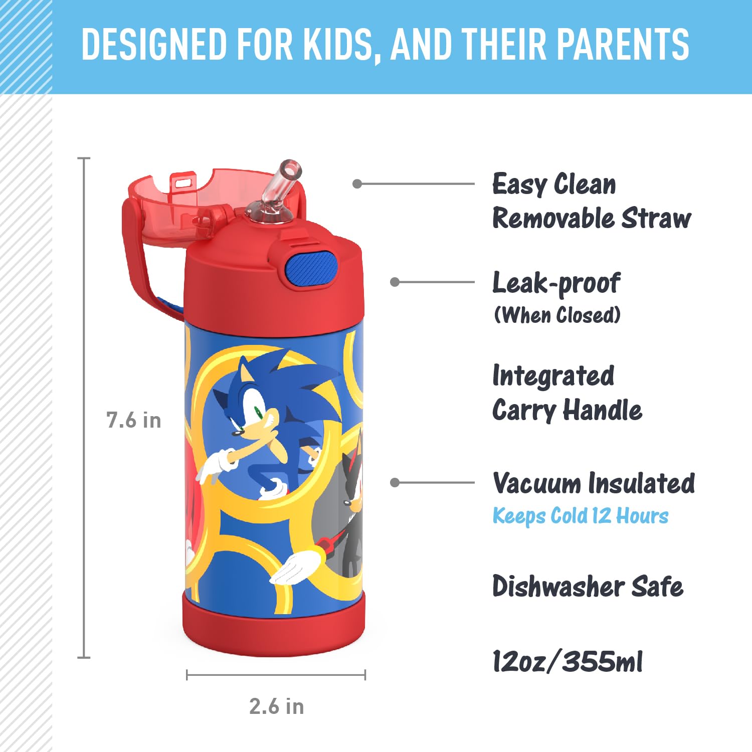 Thermos Funtainer 12oz Kids Stainless Steel Vacuum Insulated Water Bottle with Straw & Lid - Sonic The Hedgehog Design - Leakproof & BPA-Free for School, Sports & Outdoor Activities