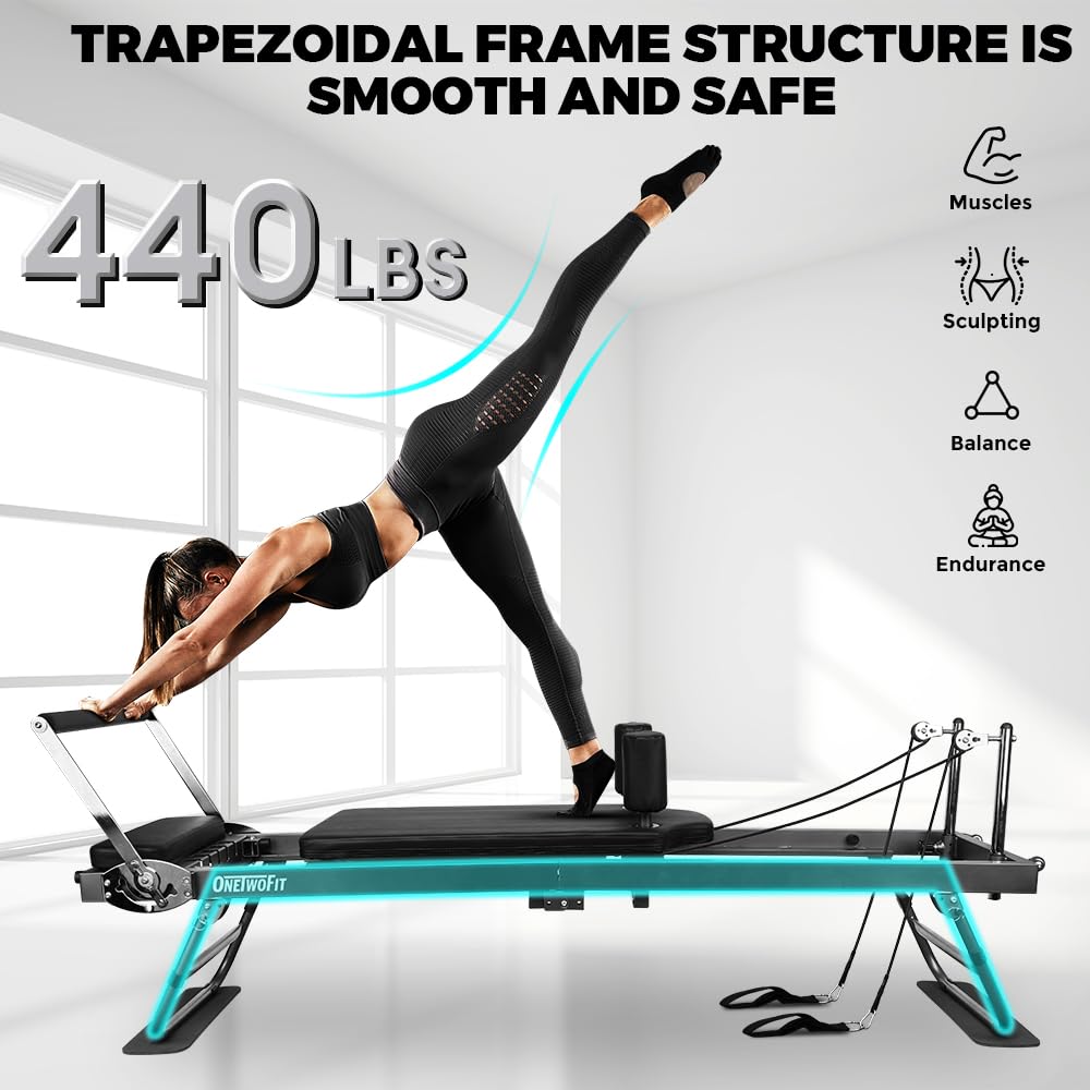 ONETWOFIT Foldable Pilates Reformer Machine for Home Gym - 440 lbs Weight Capacity | Portable Pilates Equipment for Full Body Workouts | Perfect for Small Spaces & Home Pilates Studio