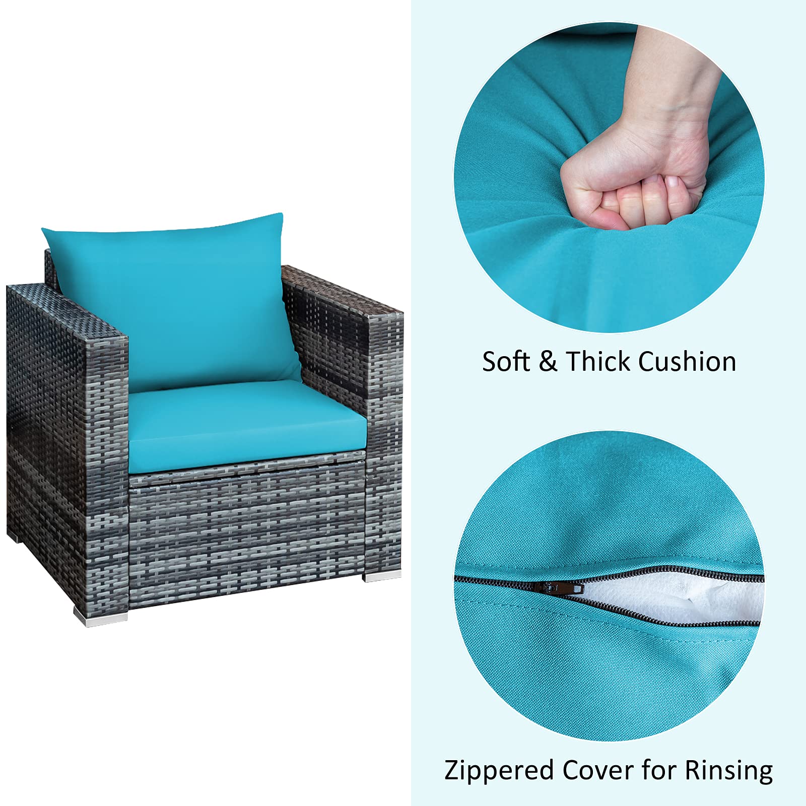Tangkula 3-Piece PE Rattan Patio Furniture Set with Washable Cushions & Tempered Glass Table - Outdoor Wicker Sofa Conversation Set for Garden, Poolside, Backyard, Deck or Balcony Relaxation