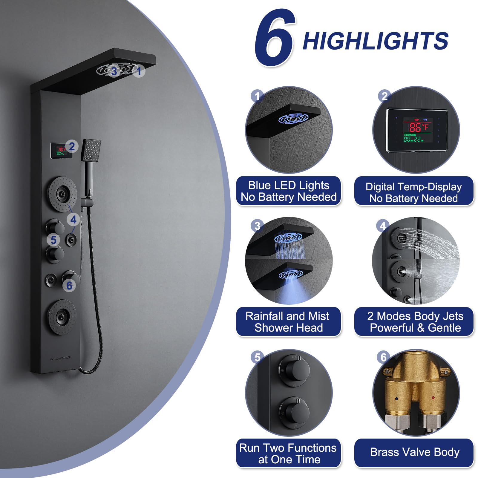 ROVATE 6-in-1 Matte Black LED Shower Panel Tower System with Rainfall Shower Head, Body Jets, Handheld Spray & Digital Temperature Display - High Pressure Shower Column with Tub Spout for Spa-Like Bathroom Experience