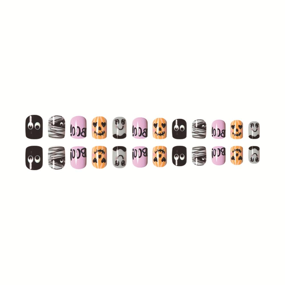 24Pcs Halloween Press on Nails - Short Square Fake Nails with Cute Mummy Design, Full Cover Glossy Stick on Nails for Women & Girls | Perfect for Halloween Parties, Costume Events & Nail Art Decor