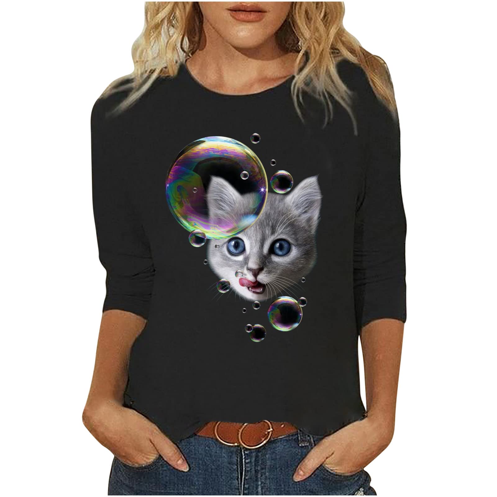 3D Cat Graphic T-Shirt for Women - Long Sleeve Casual Tunic Top for Cat Lovers | Lightweight Pullover for Spring & Autumn | Perfect for Daily Wear, Cat Owner Gifts & Pet-Themed Outfits
