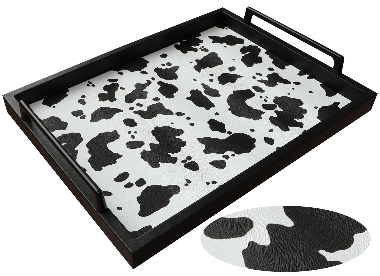 MCBZ Leather Decorative Serving Tray for Coffee Table - 16.5 x 12.6 Inches Black Tray with Metal Handles - Perfect for Living Room Decor, Dining Table Centerpiece & Gift Giving