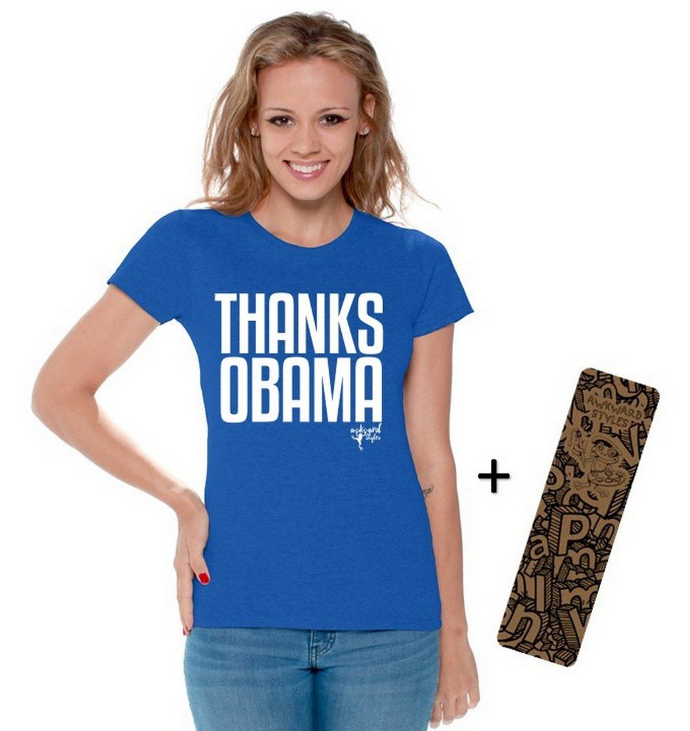 Awkwardstyles Women's Thanks Obama Funny Political T-Shirt - White Cotton Tee with Free Bookmark - Perfect for Protests, Political Events & Casual Wear