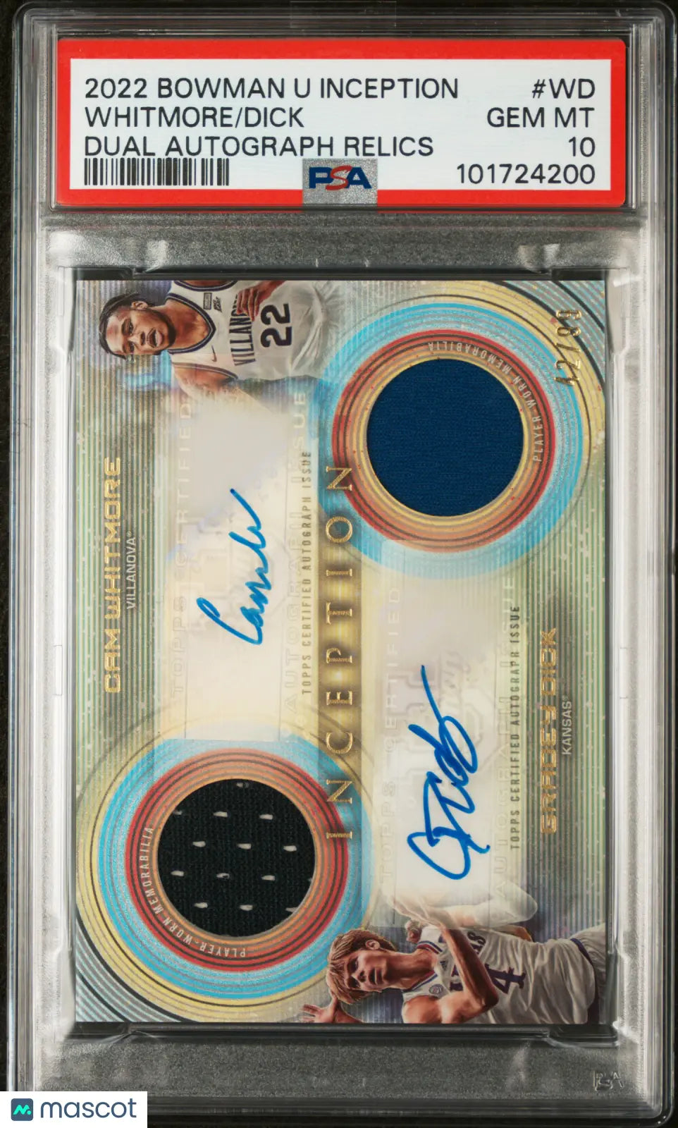 2022 Bowman University Inception Dual Autograph Relics Dick Whitmore PSA 10 - Rare Collectible Baseball Card for Investors & Fans - Perfect for Sports Memorabilia Collections & Display Cases