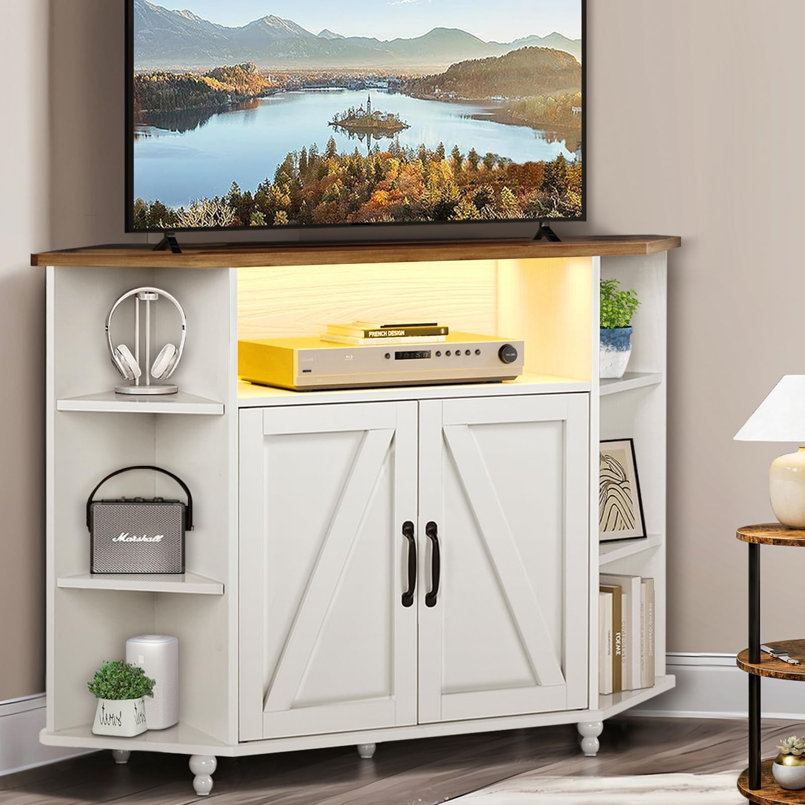 4 EVER WINNER 55 Inch Corner TV Stand with LED Lights, Adjustable Shelves & Barn Doors - Farmhouse Style Entertainment Center for Living Room, Bedroom - Perfect for Small Spaces & Home Theater Setup