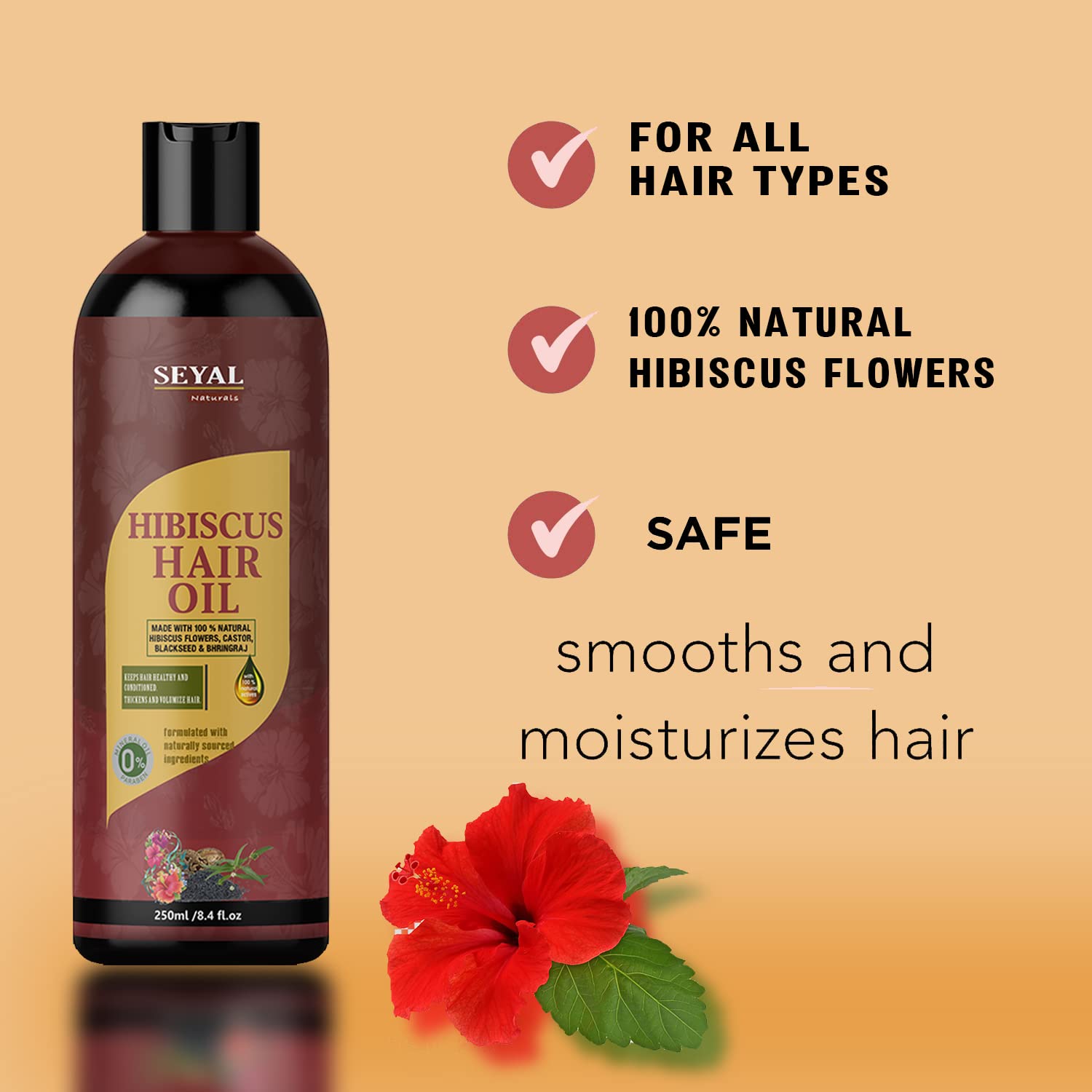 Seyal Hibiscus Hair Oil for Hair Growth & Fall Control - 250ml with Hibiscus Flowers, Castor Oil & Black Seed Oil | Promotes Stronger, Thicker Hair | Perfect for Daily Hair Care & Scalp Massage