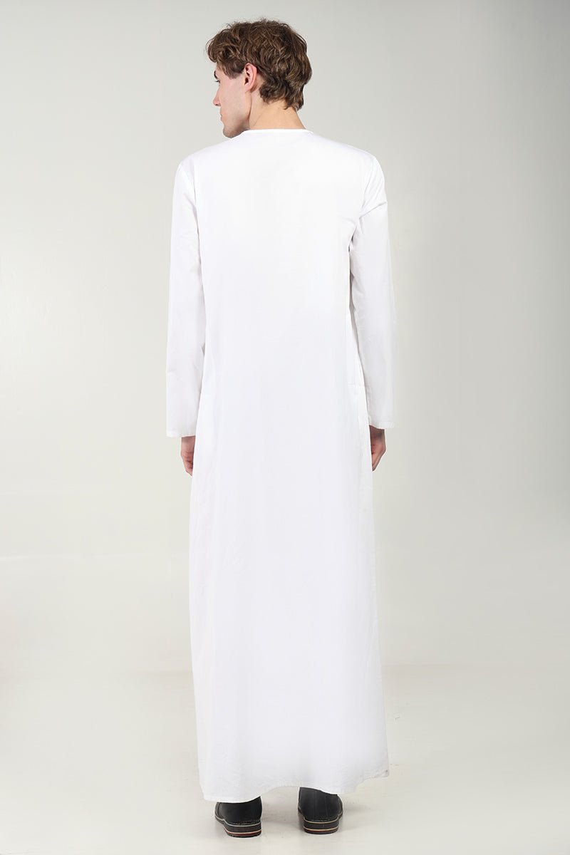Premium Cotton Twill Thobe for Men - White Embroidered Islamic Robe with Zipper Neck | Comfortable Daily Wear & Prayer Outfit for Home, Mosque & Special Occasions