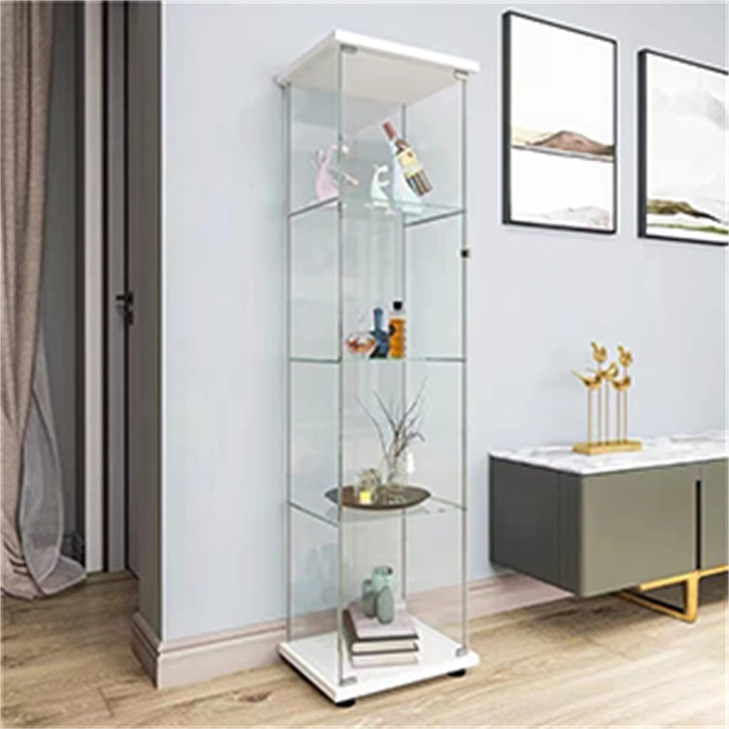 Modern 4-Tier Glass Display Cabinet with Clear Door - 5mm Tempered Glass Curio Cabinet for Collectibles & Decor - Floor Standing Showcase 17