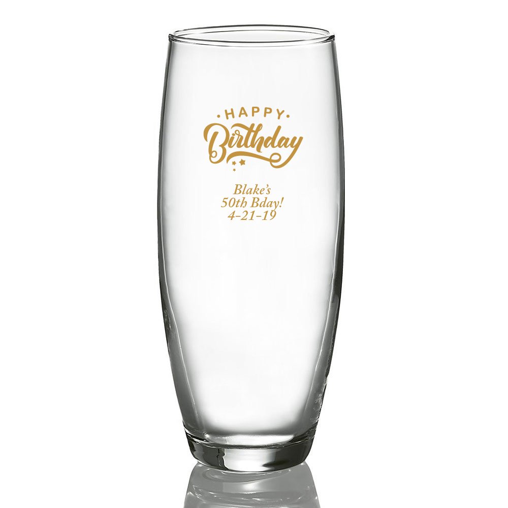 Personalized Gold Stemless Champagne Glasses - 24 Pack for Birthday Parties, Weddings & Celebrations - Custom Printed with Happy Birthday Design