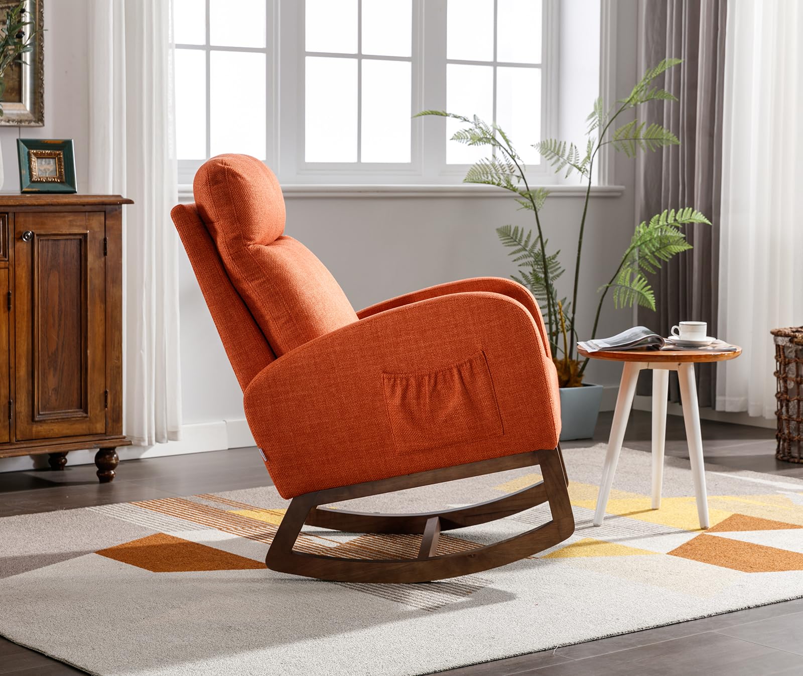 Comfortable Upholstered Nursery Rocking Chair with Side Pocket - High Back Support Glider Rocker, Solid Wood Base Accent Armchair for Living Room, Bedroom & Office - Perfect for Nursing, Reading & Relaxing (Orange)