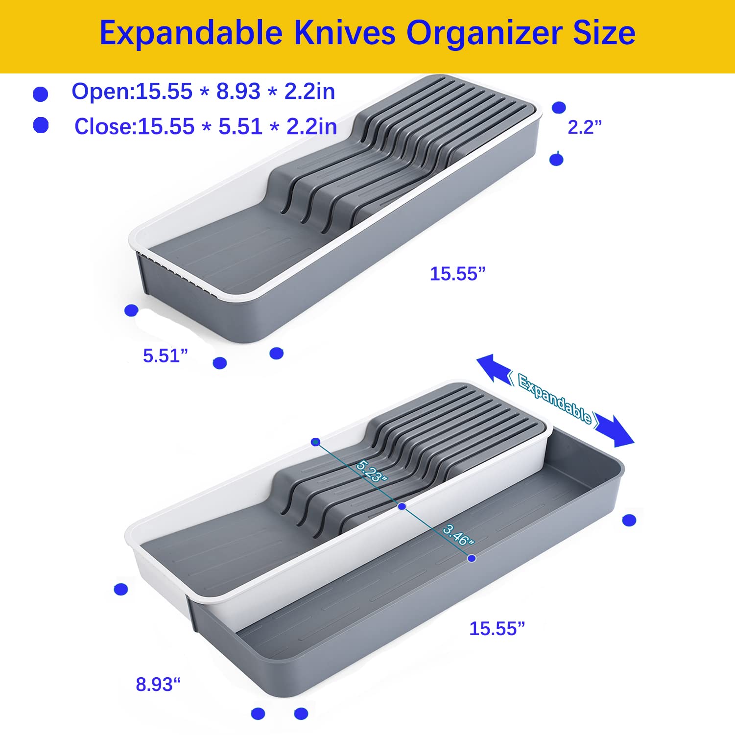 Expandable Drawer Organizer with Knife Block - Adjustable Cutlery Tray for Kitchen Utensils - Stackable Knife Holder with 9 Slots - DIY Drawer Storage Solution (1 Pack) - Perfect for Kitchen Organization and Space Saving