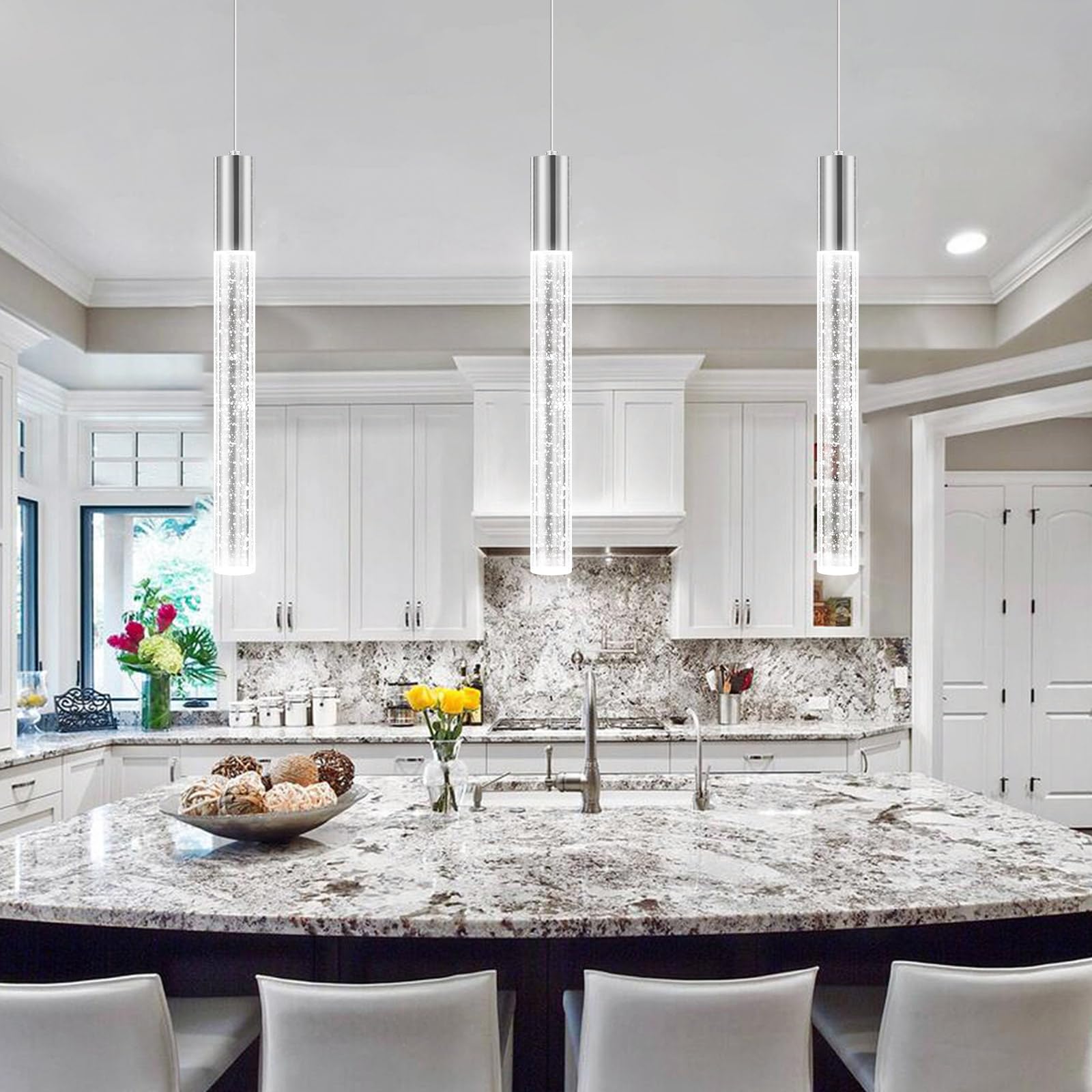 3 Pack Modern Dimmable LED Pendant Lights for Kitchen Island - Silver Hanging Light Fixtures for Dining Room, Bedroom & Living Room | Energy Efficient Lighting for Home Decor