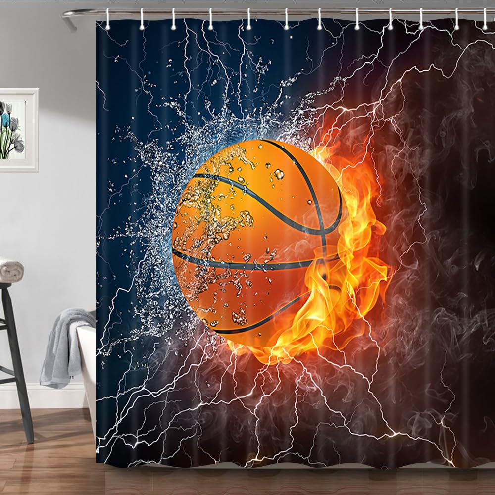 Basketball on Fire Sports Shower Curtain - 72x72 Inch Waterproof Polyester Bathroom Decor with 12 Hooks for Teen Boys & Men - Perfect for Basketball Fans' Bathroom, Dorm, or Locker Room